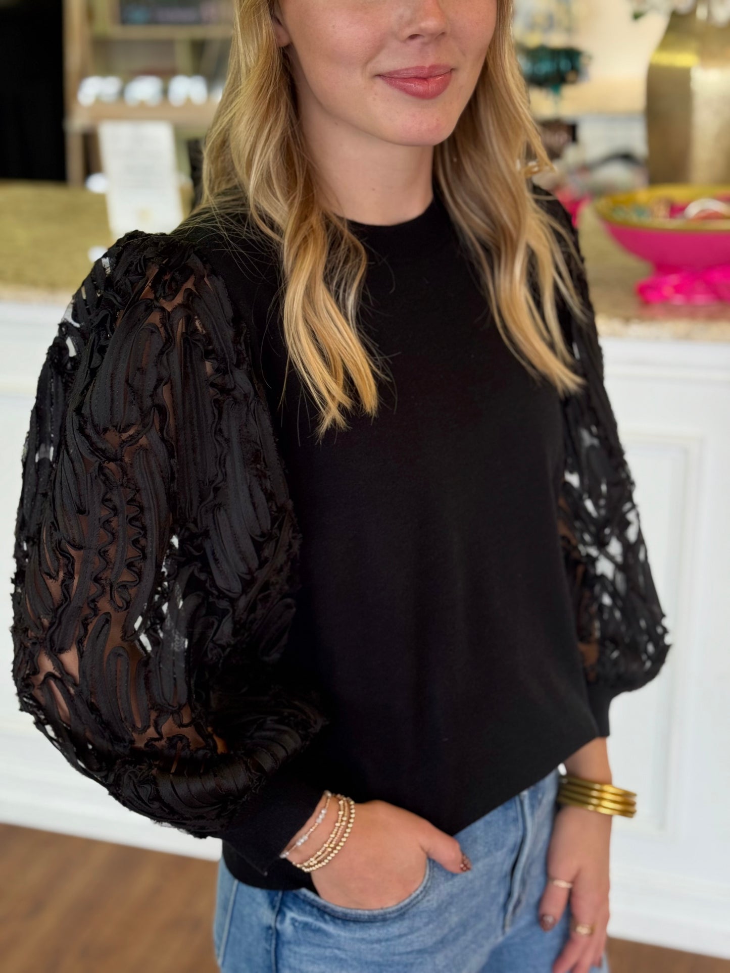 Bellamy Black Pattern Sleeve Sweater Top