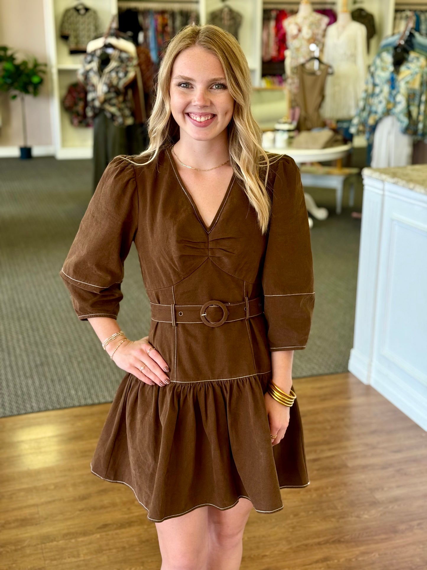 Nancy Brown Belted Dress