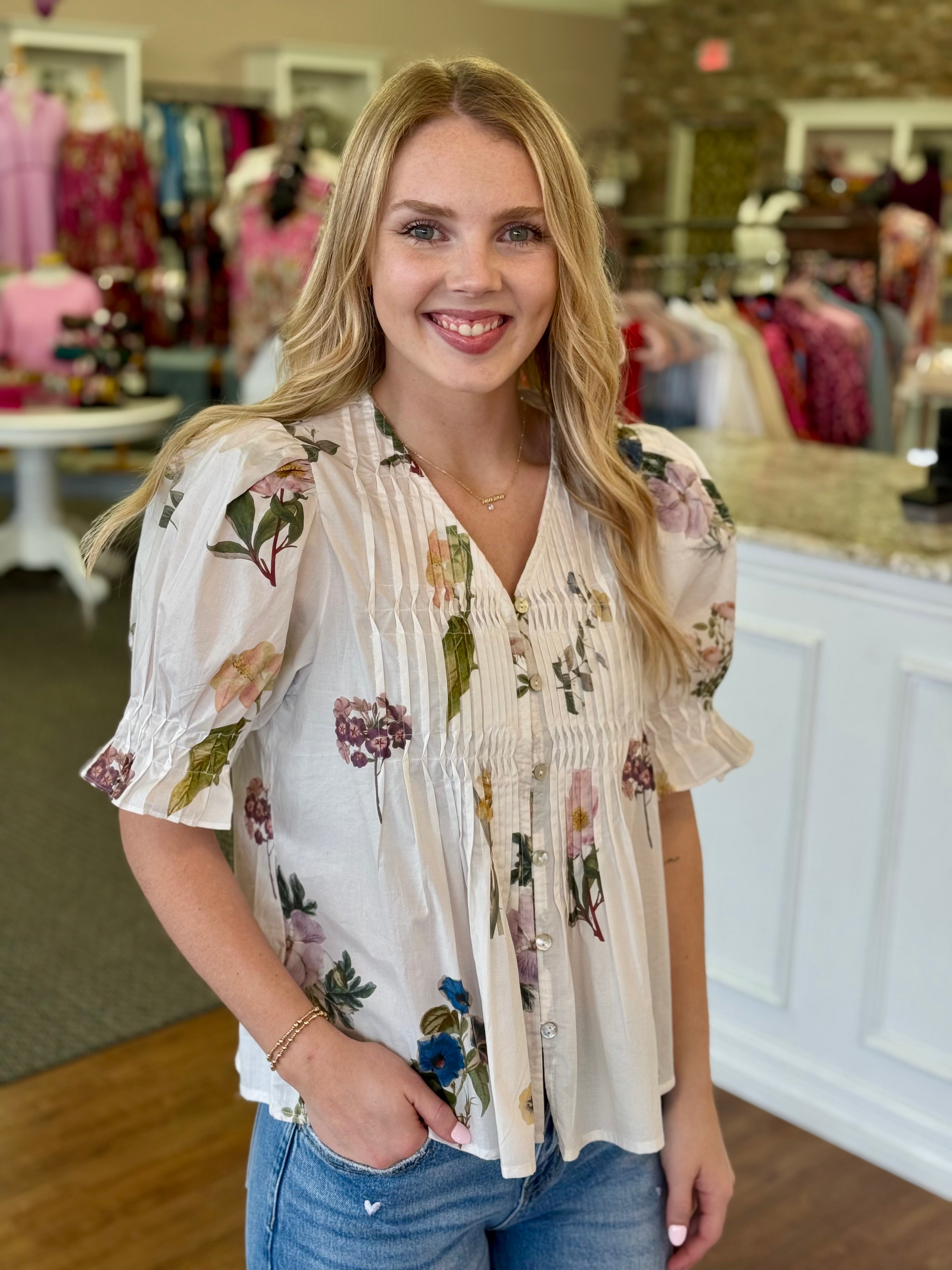 Meadow Bloom Pintuck Floral Blouse | White Button Front Puff