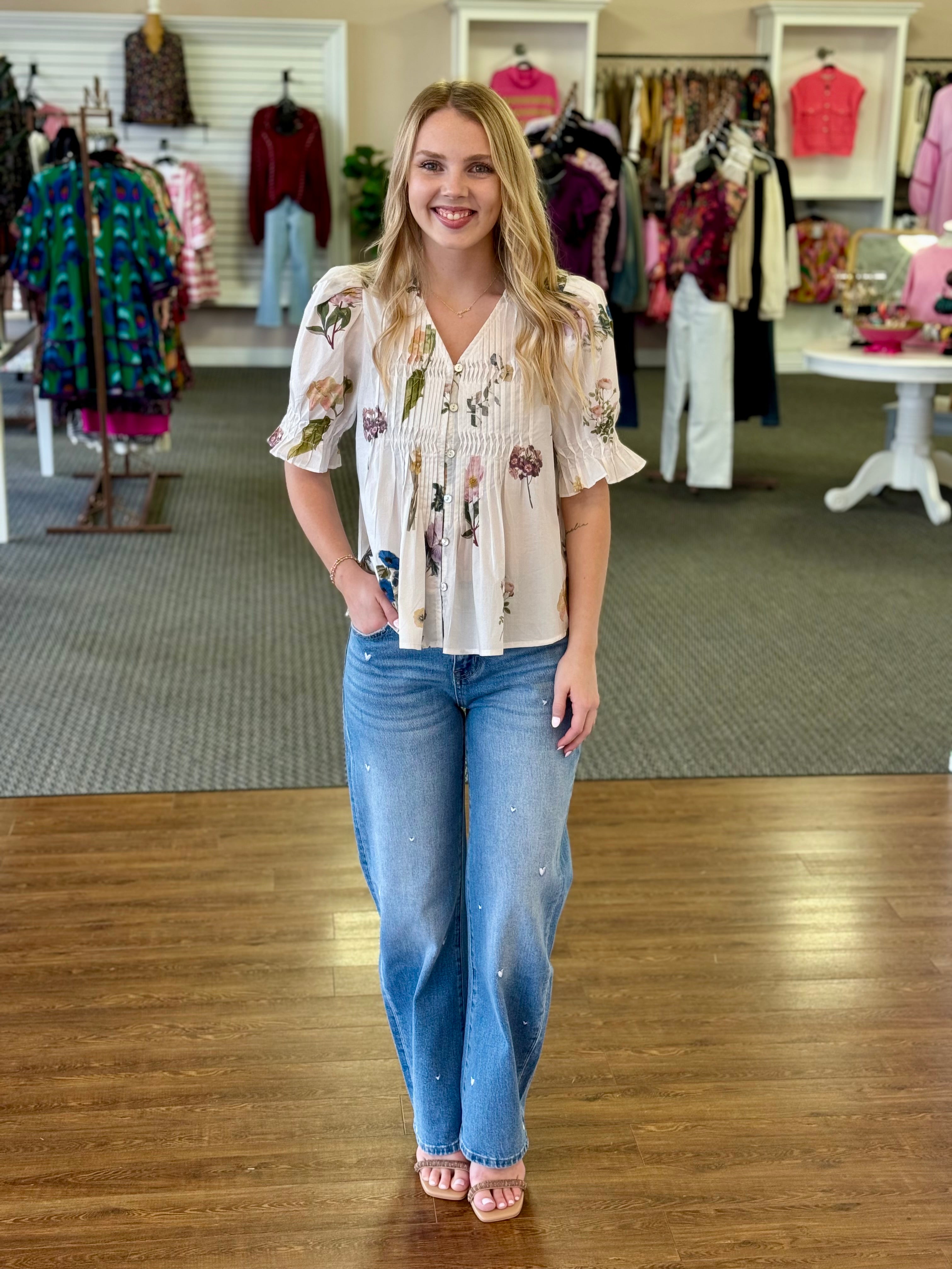 Meadow Bloom Pintuck Floral Blouse | White Button Front Puff