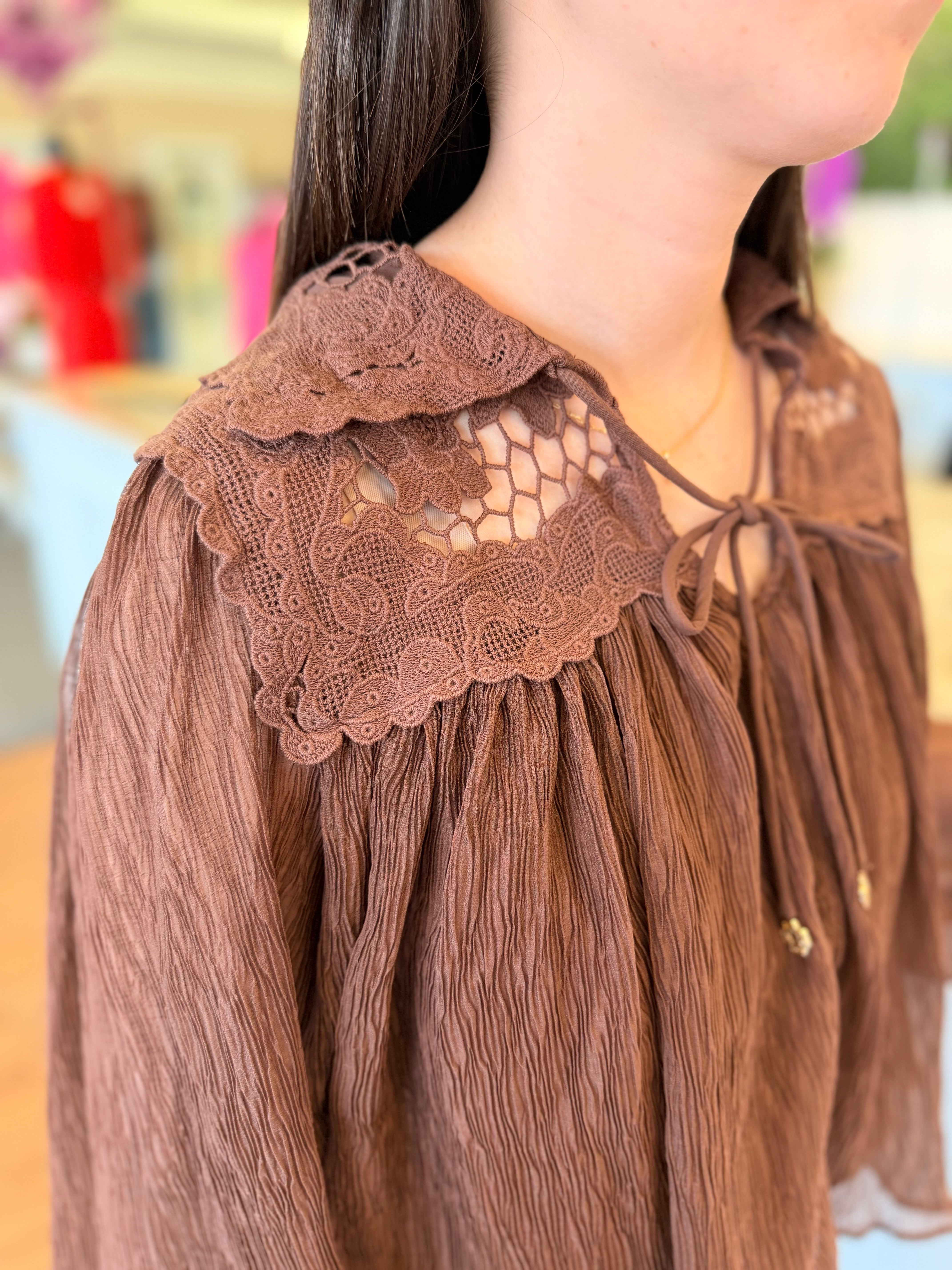 Mocha Lace Yoke Boho Blouse | Women