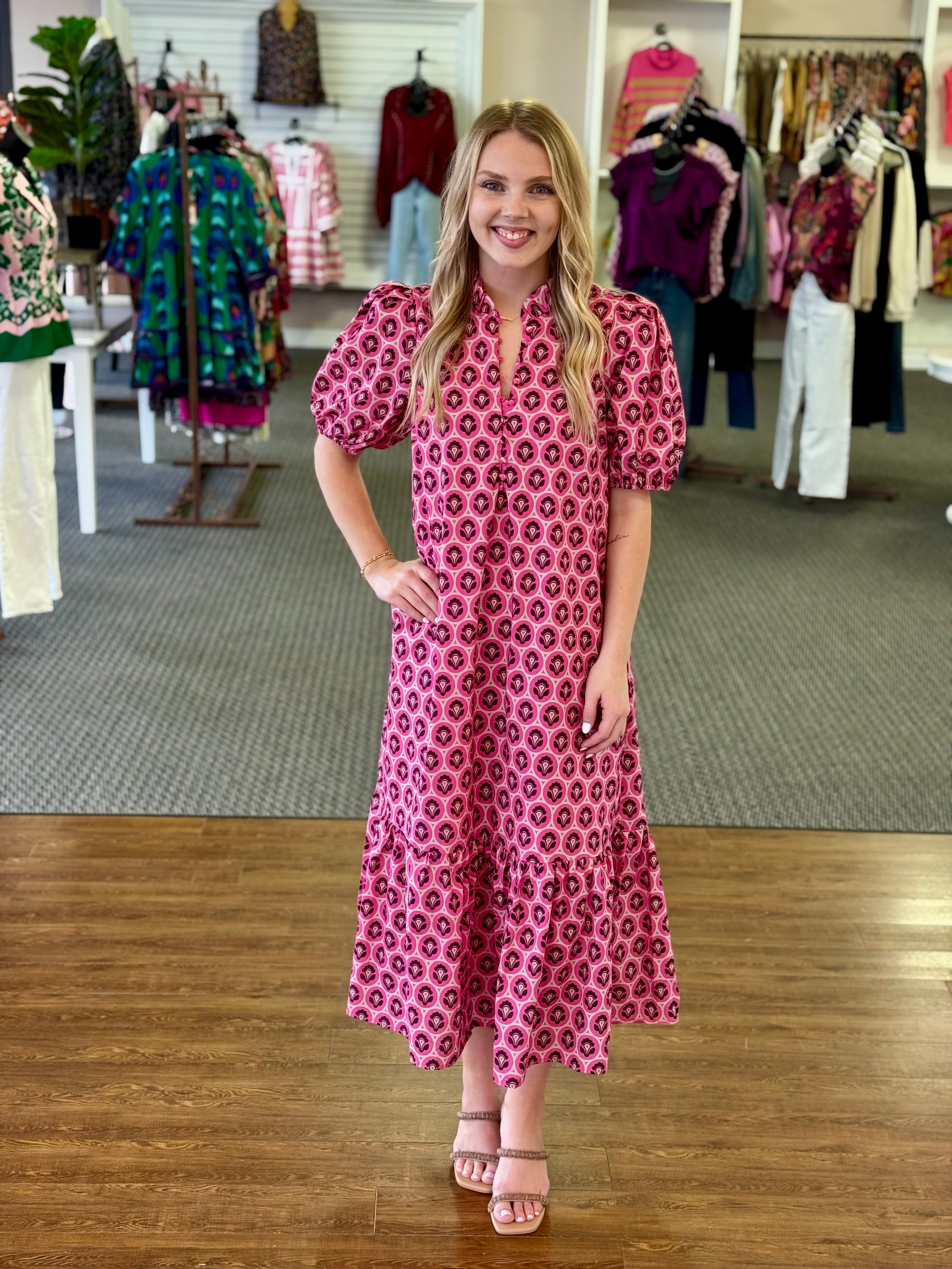 Pink Mosaic Tiered Midi Dress | Puff Sleeve Button Front Dress – Trendy  Chicks