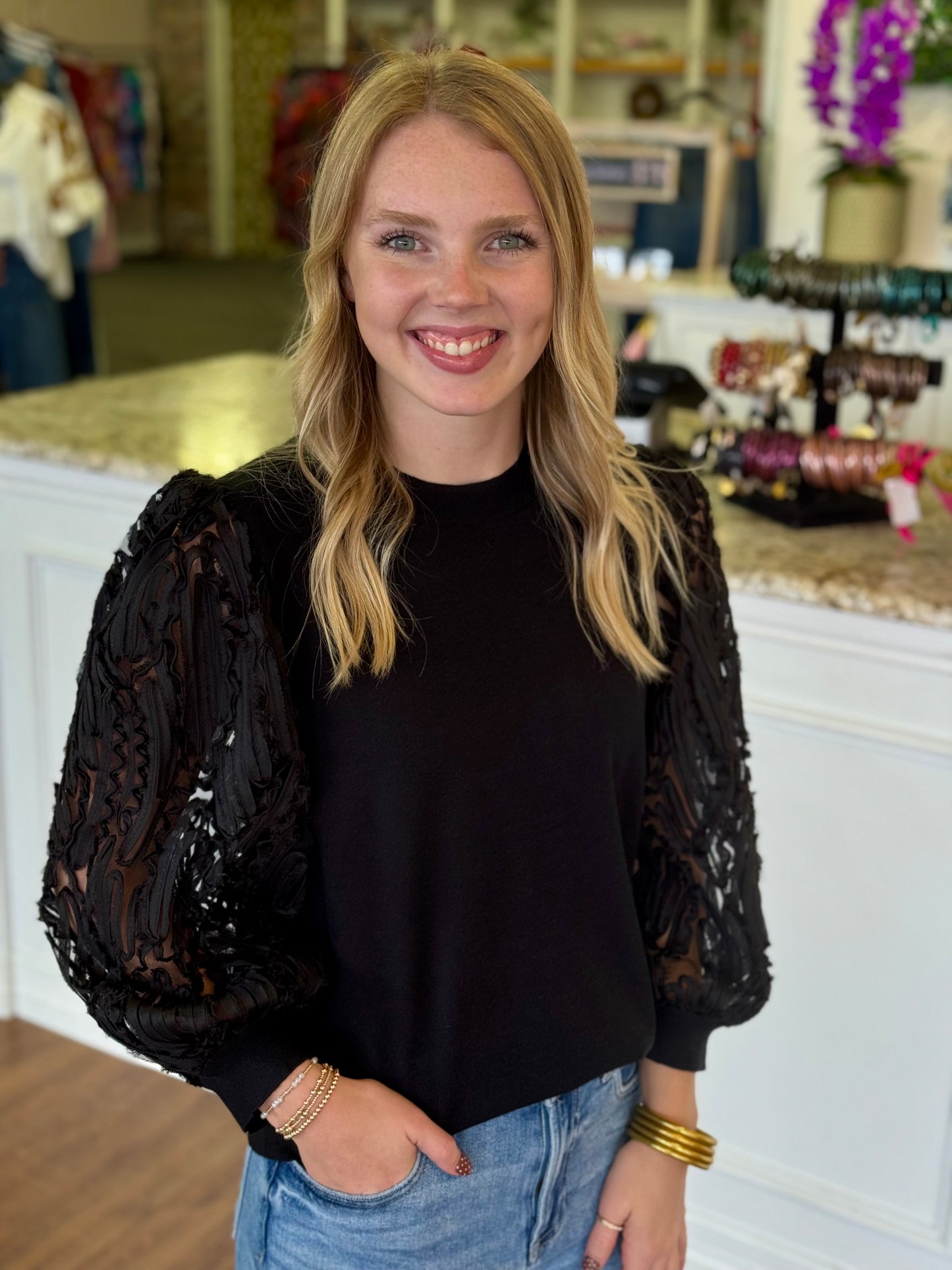 Bellamy Black Pattern Sleeve Sweater Top