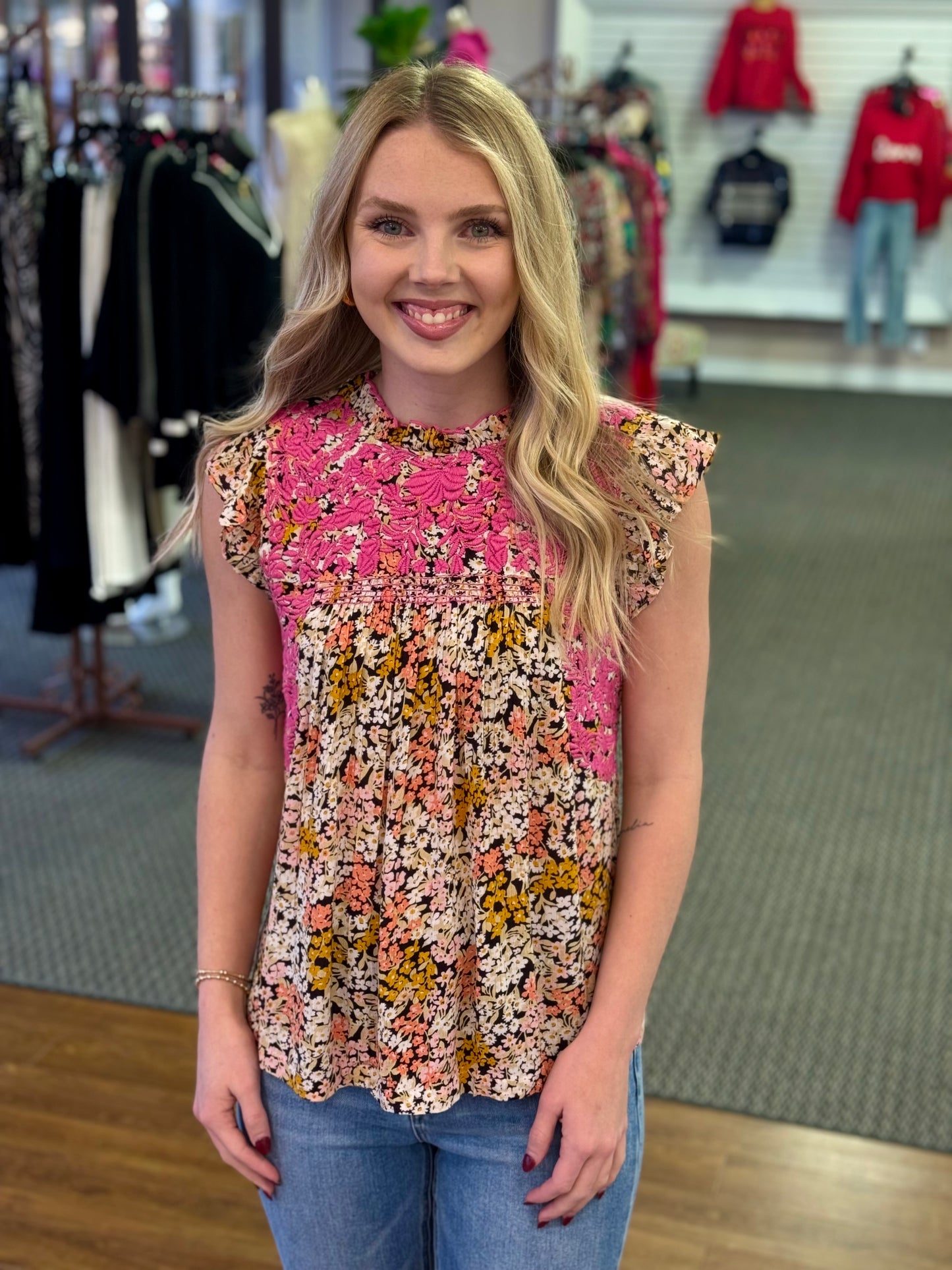 Floral Lace Yoke Ruffle Sleeve Top