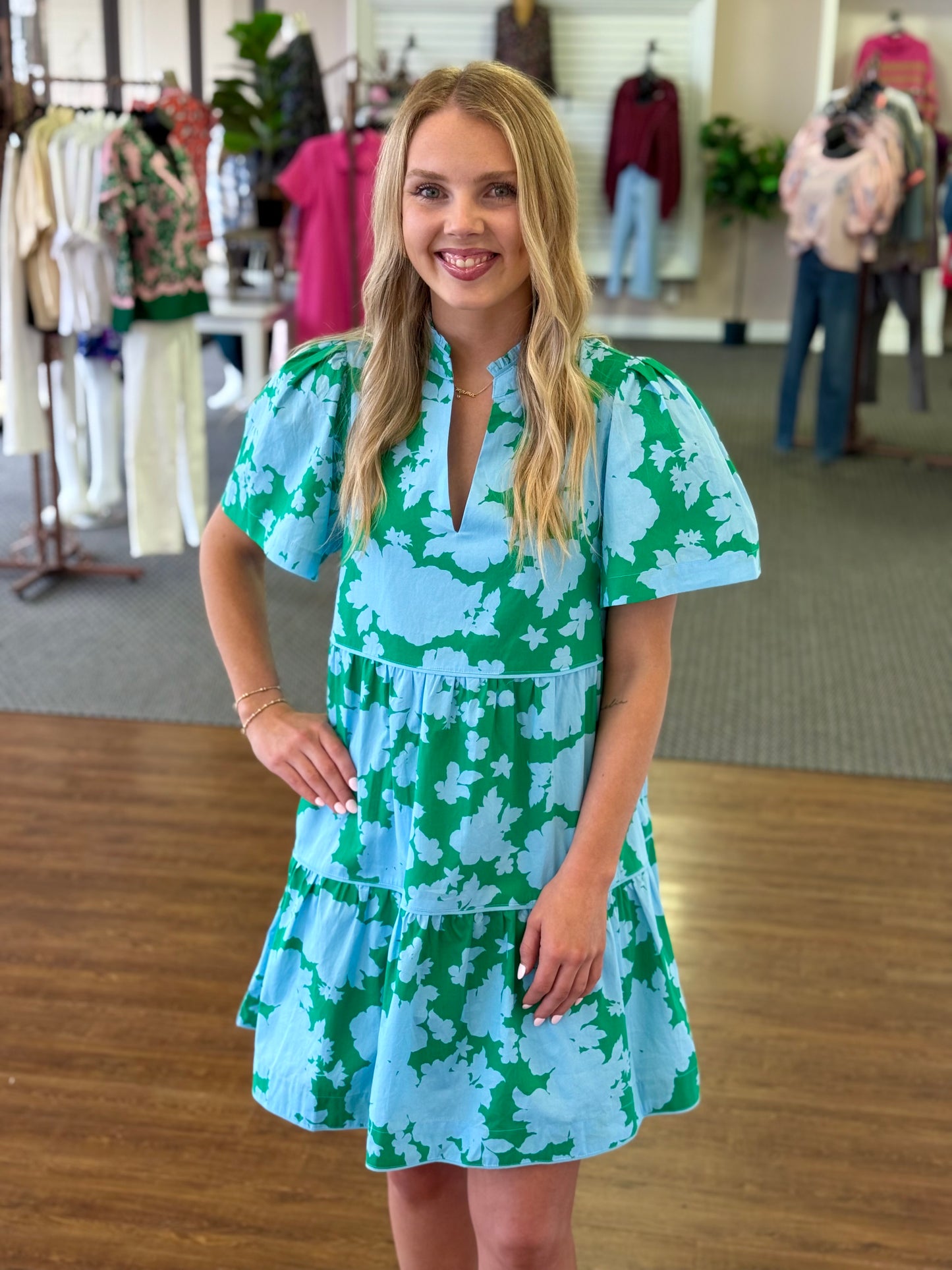 Riona Floral Candace Tiered Mini Dress | Green & Blue Floral Summer Dress Large Riona Floral Candace Tiered Mini Dress | Green & Blue Floral Summer Dress Large