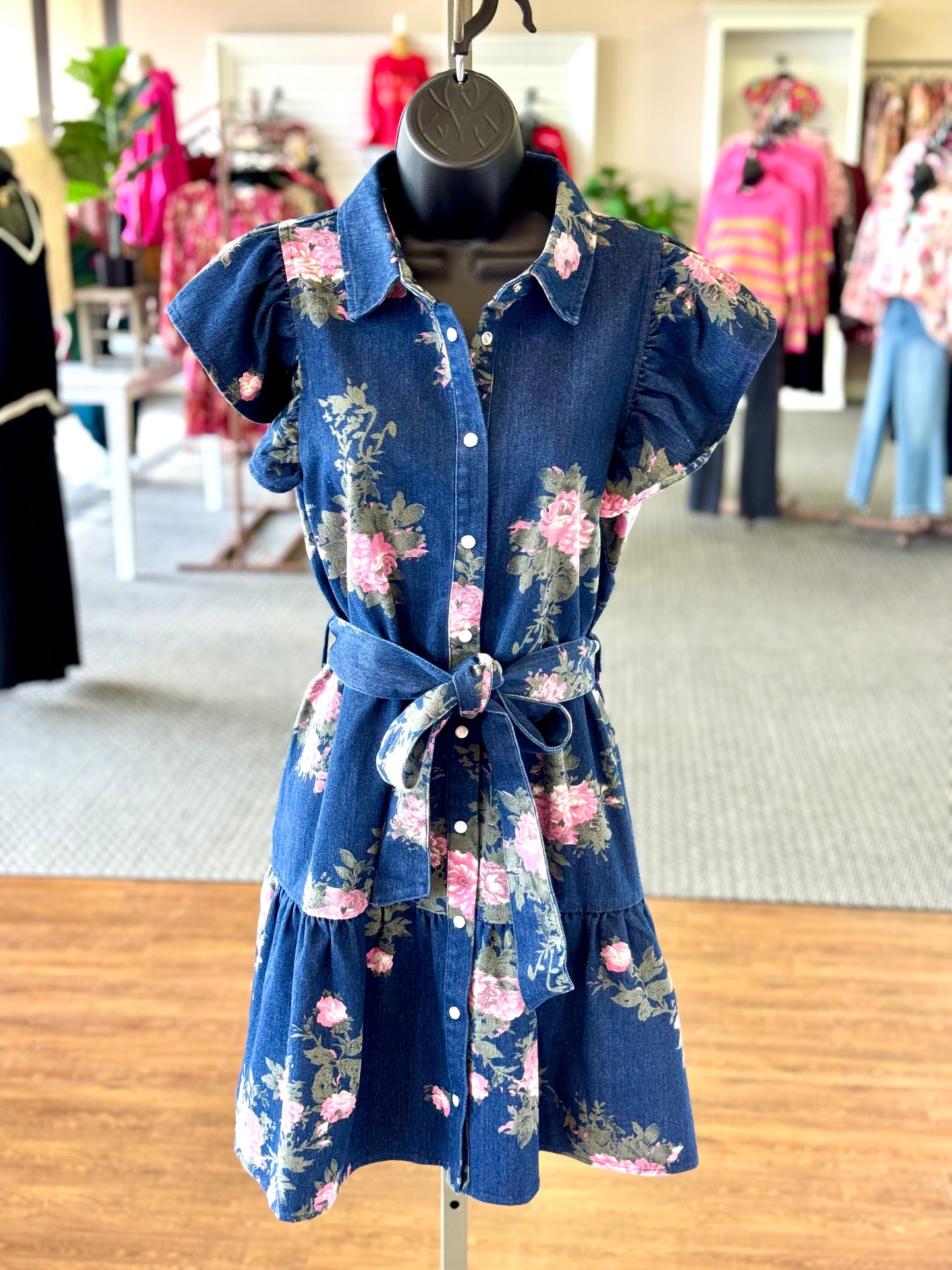 Floral Denim Button-Front Dress with Waist Tie