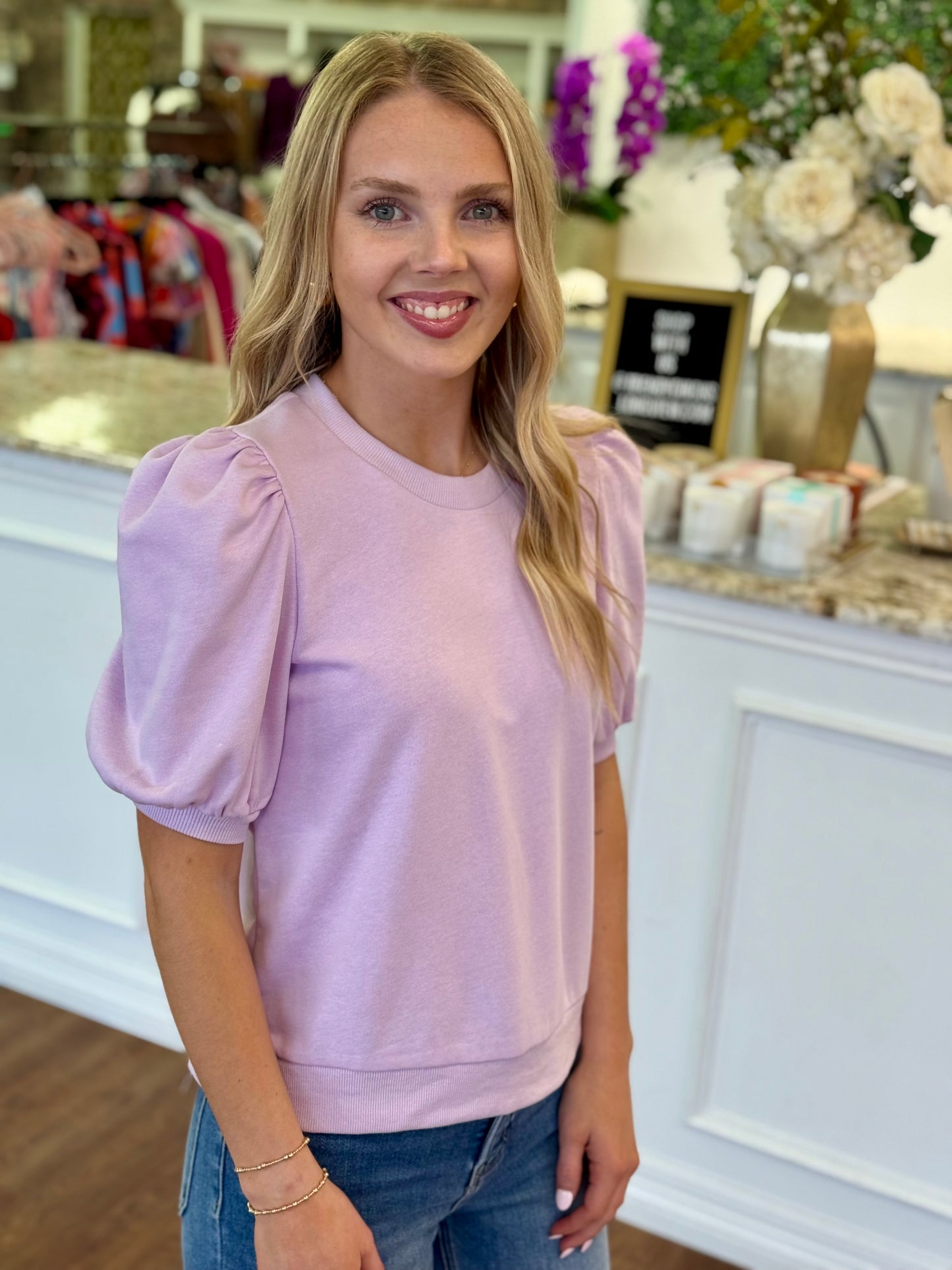 Lavender Puff Sleeve Knit Top