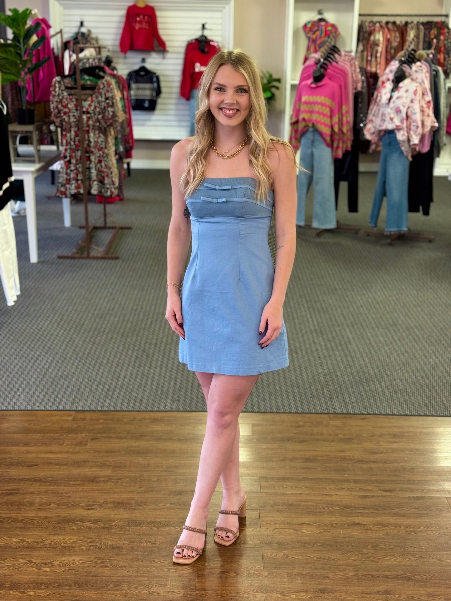 Blue Strapless Bow Detail Mini Dress | Feminine Summer Dress Large Blue Strapless Bow Detail Mini Dress | Feminine Summer Dress Large