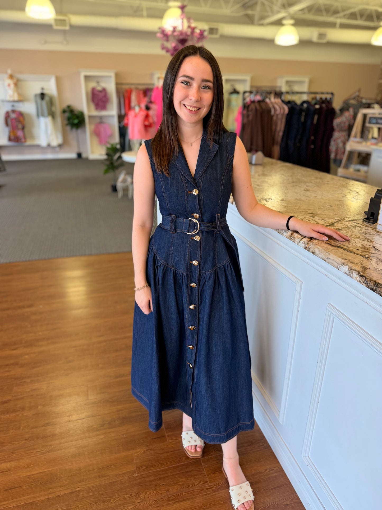 Harper Denim Dress | Sleeveless Belted Midi Dress