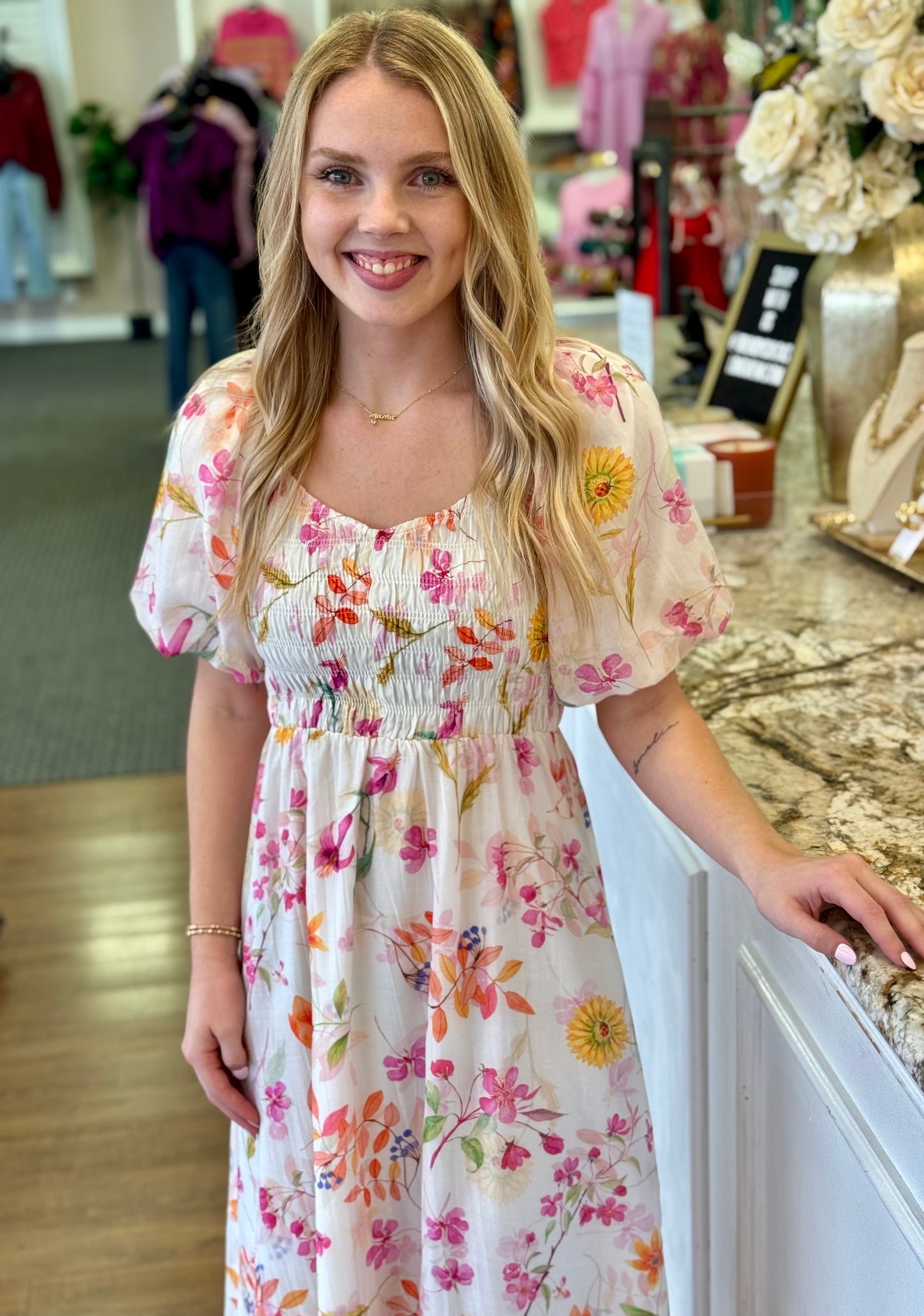 Flora of Eos Floral Smocked Midi Dress