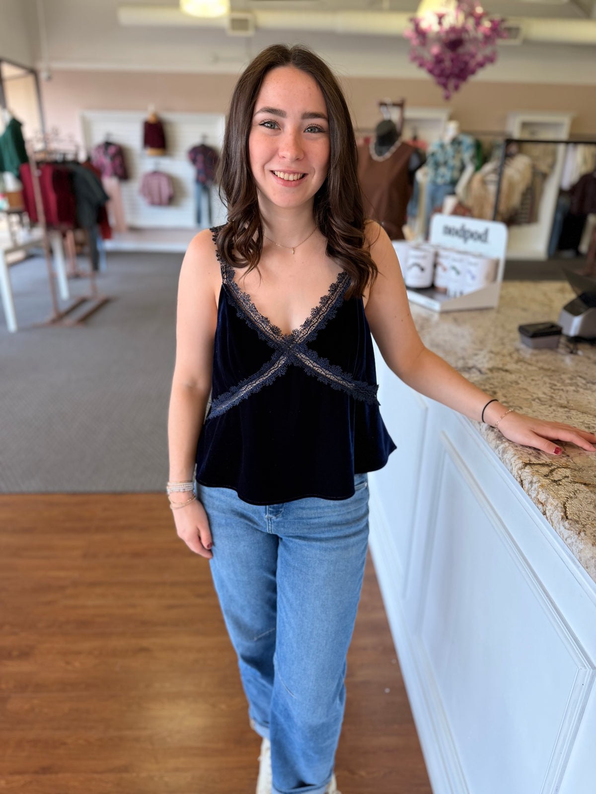 Cambria Velvet Lace Cami – Navy