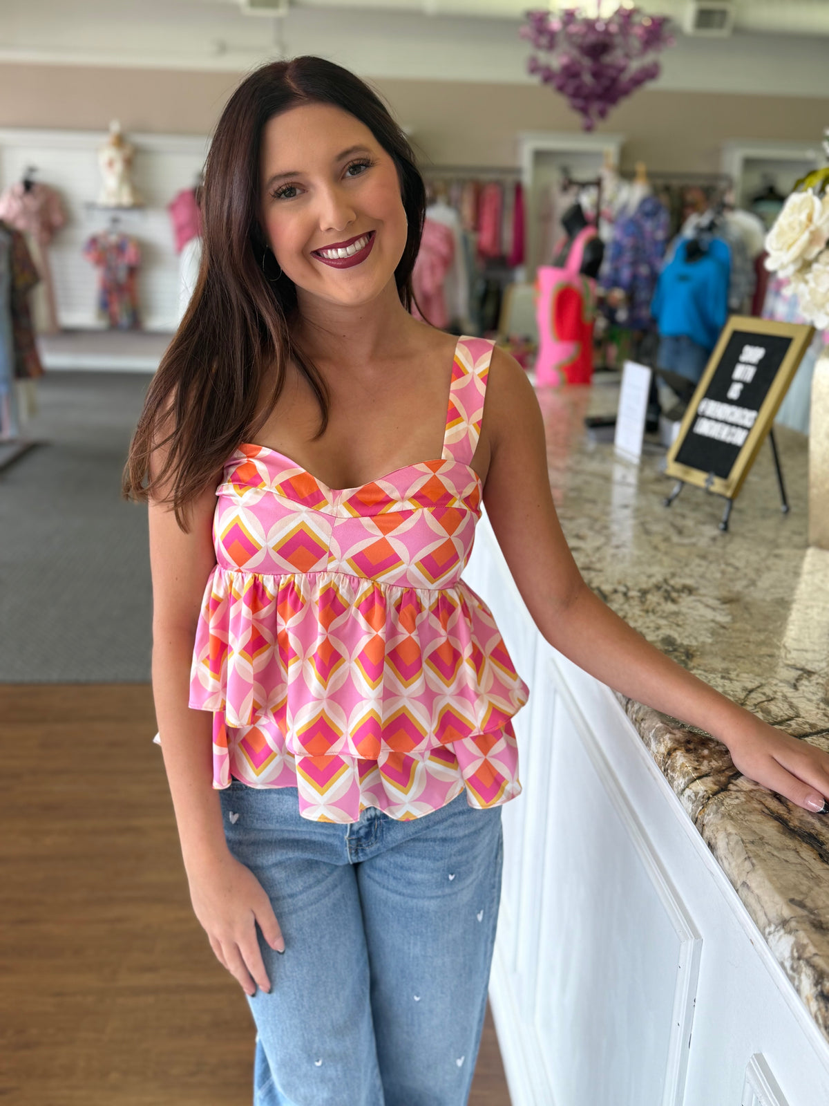 Pink Geometric Peplum Tank Top