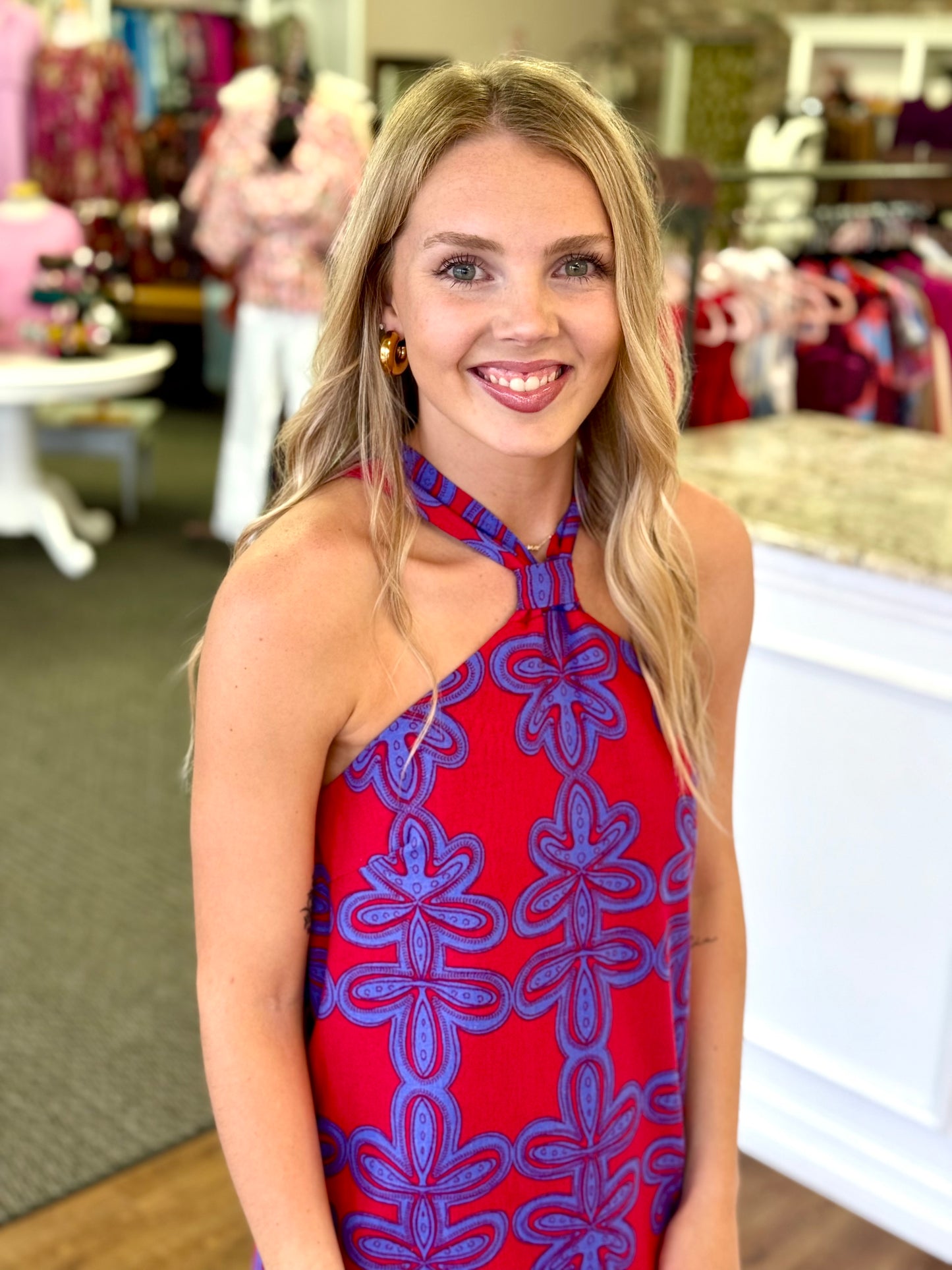 Rory Floral Amory Halter Mini Dress | Red & Blue Halter Summer Dress –  Trendy Chicks