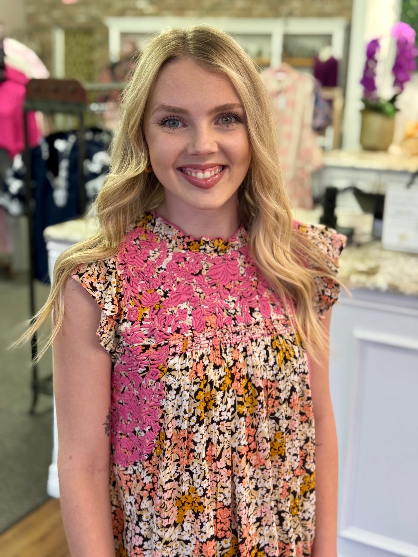 Floral Lace Yoke Ruffle Sleeve Top