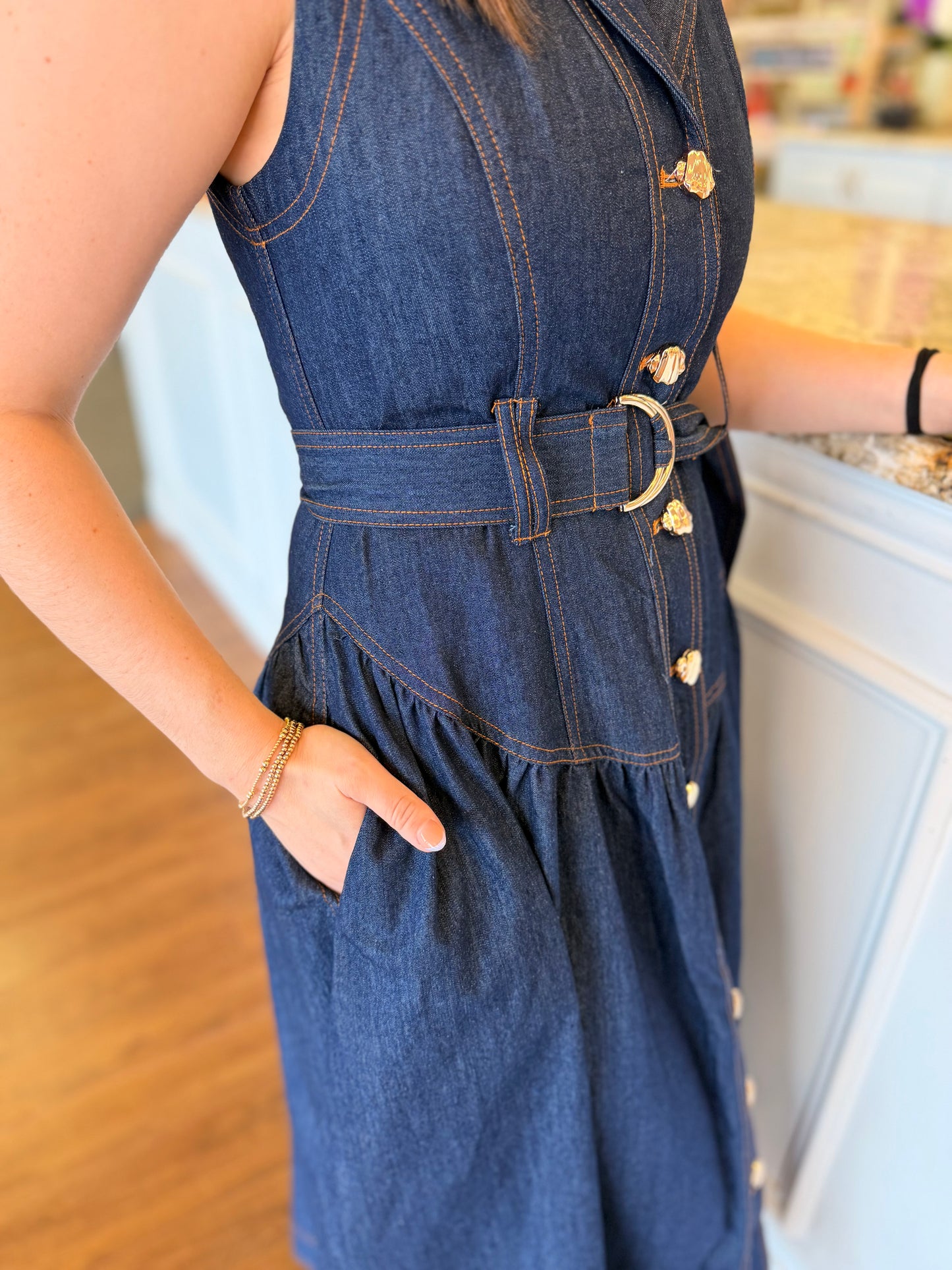 Harper Denim Dress | Sleeveless Belted Midi Dress