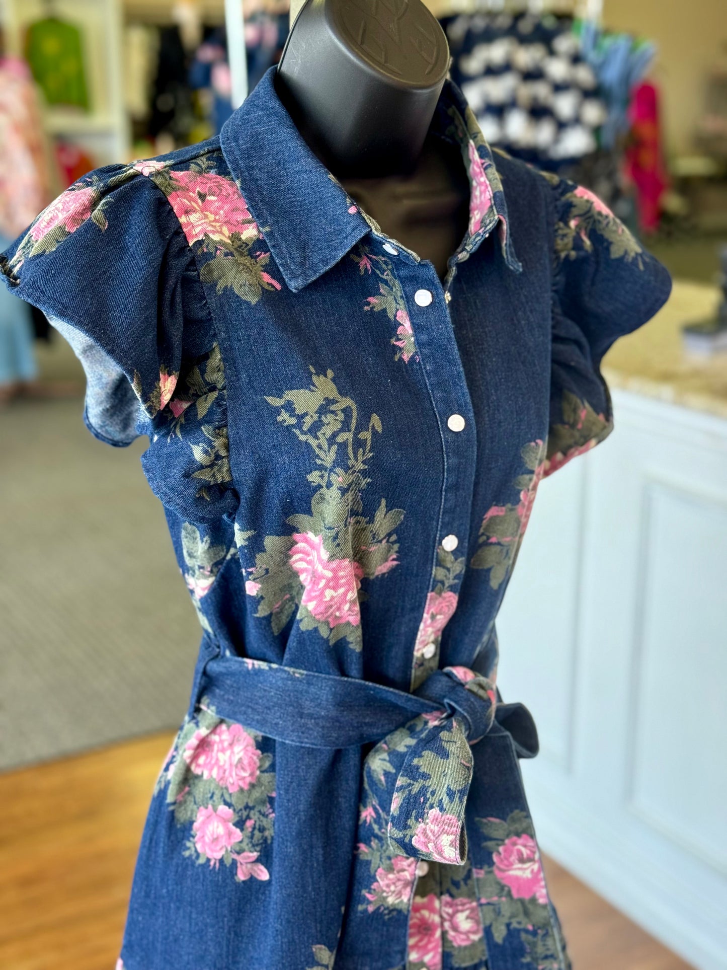 Floral Denim Button-Front Dress with Waist Tie