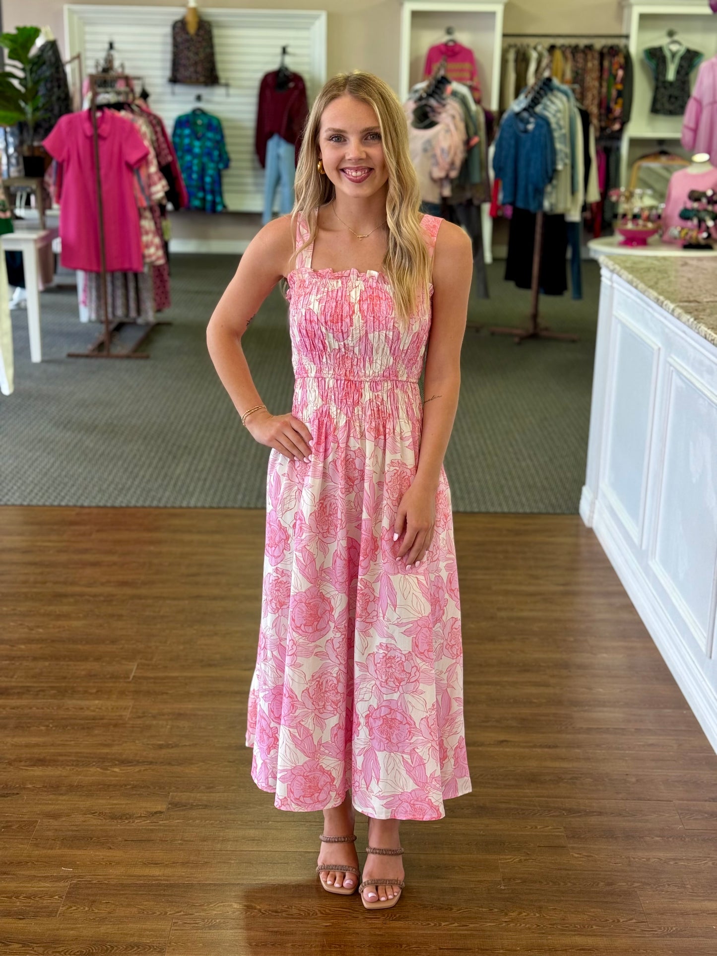 Blushing Garden Smocked Midi Dress