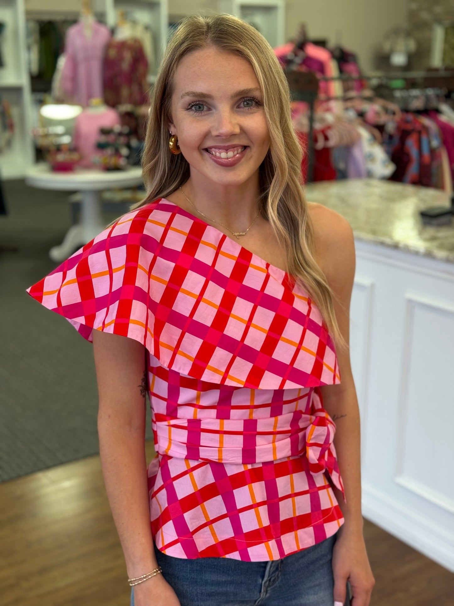 Darvy Checker One Shoulder Top