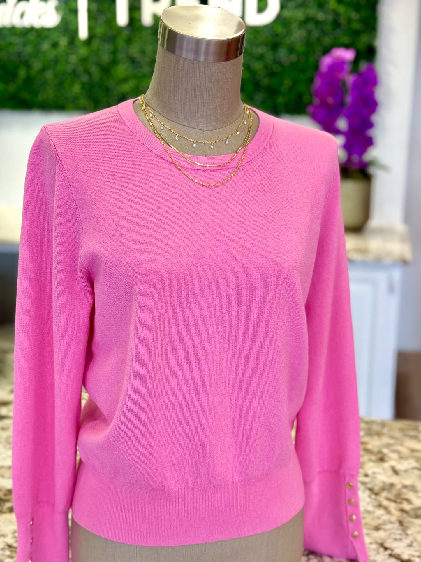 Pretty in Pink Button-Cuff Knit Sweater