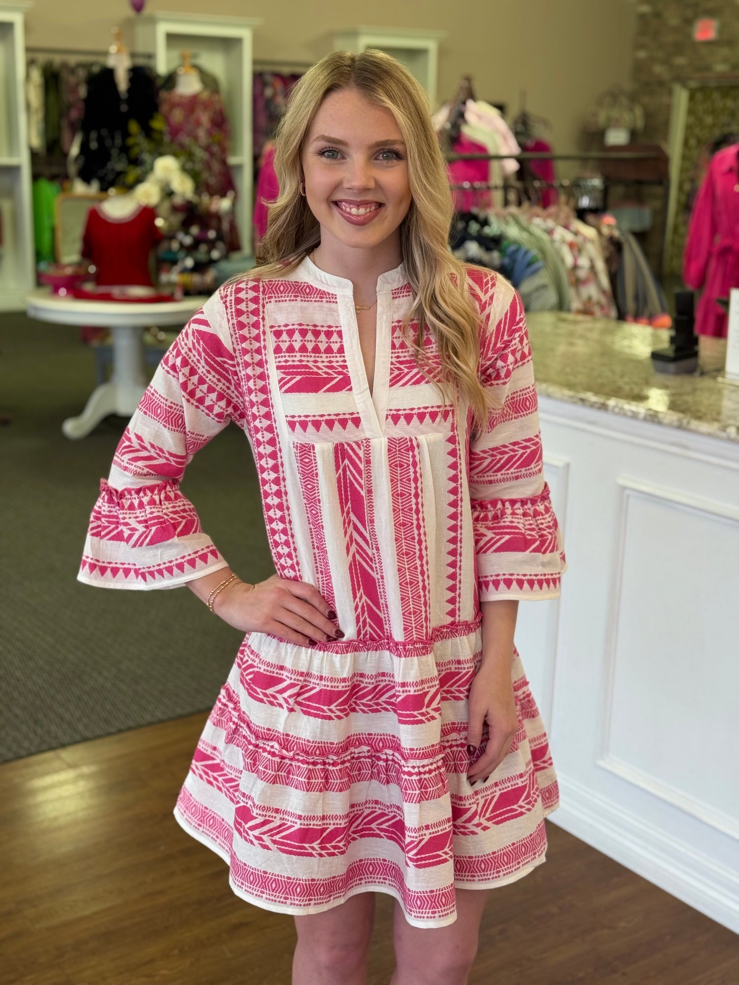 Pink Embroidered Boho Dress with Ruffle Sleeves | Women's Boutique Dress Small Pink Embroidered Boho Dress with Ruffle Sleeves | Women's Boutique Dress Small