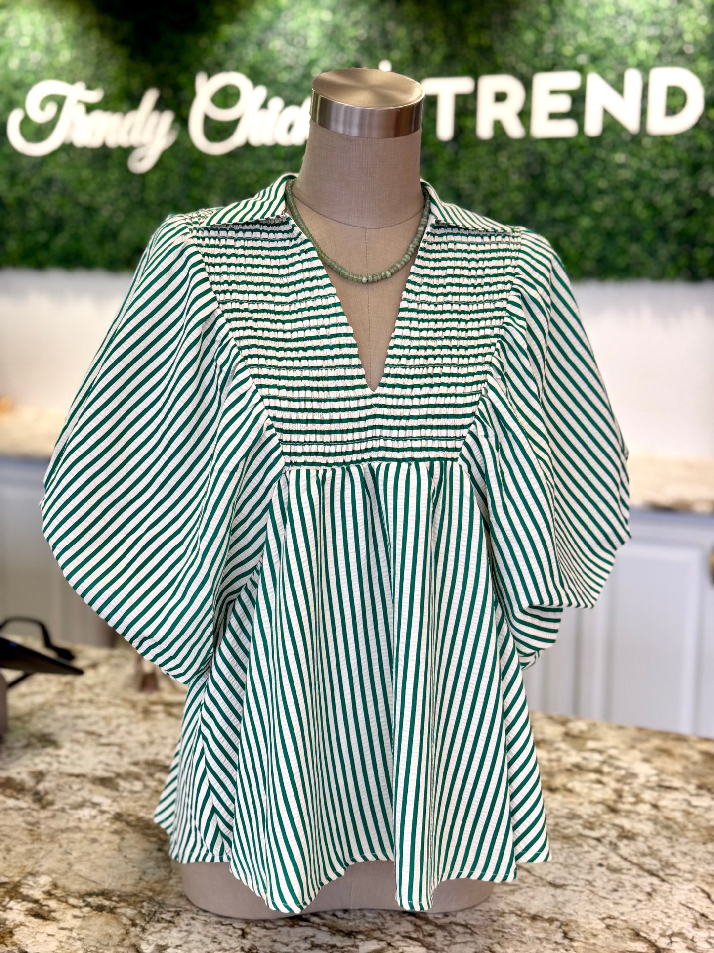 Green Stripe Smocked V-Neck Blouse