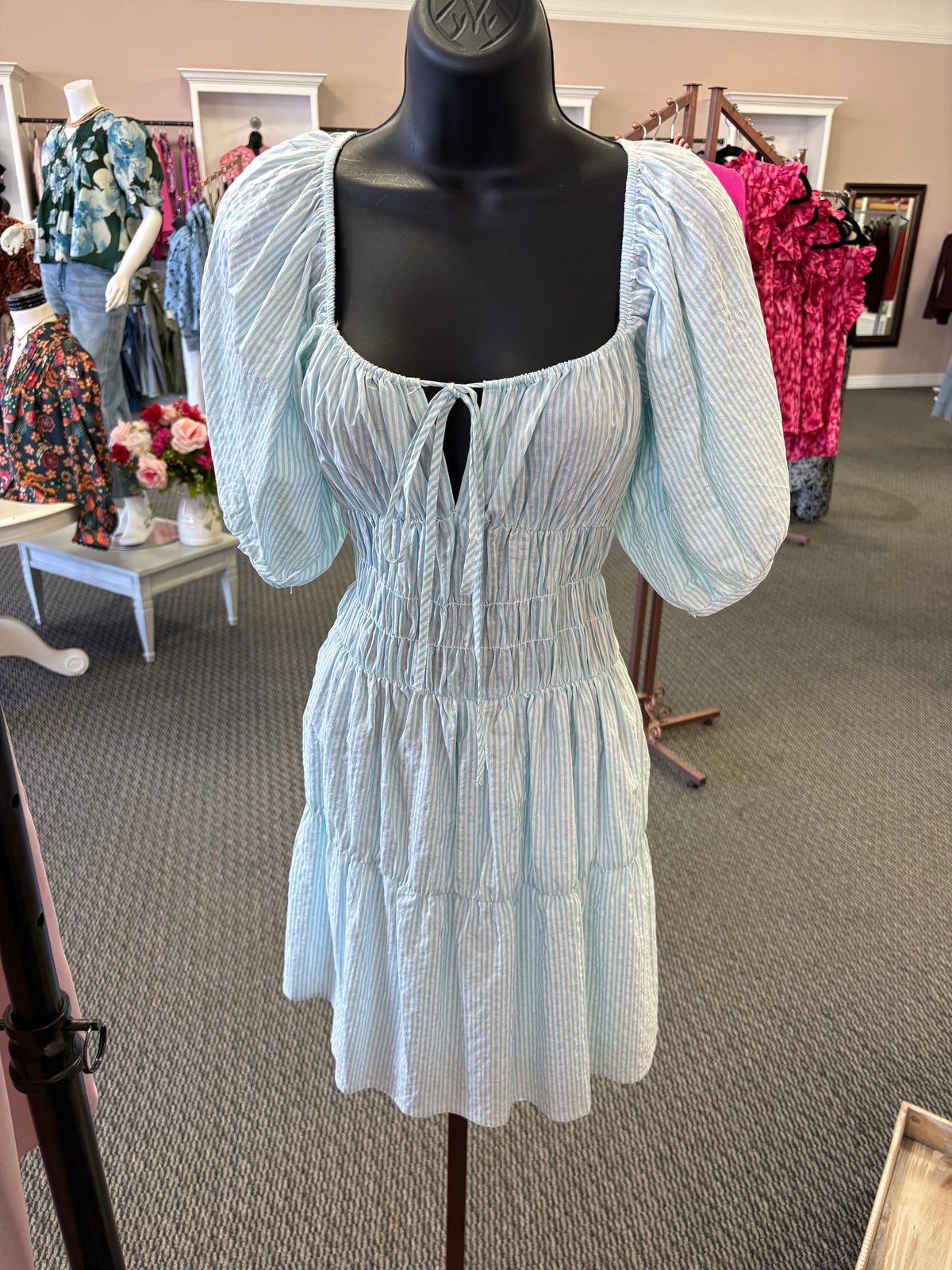 The Lottie Blue Striped Puff Sleeve Dress