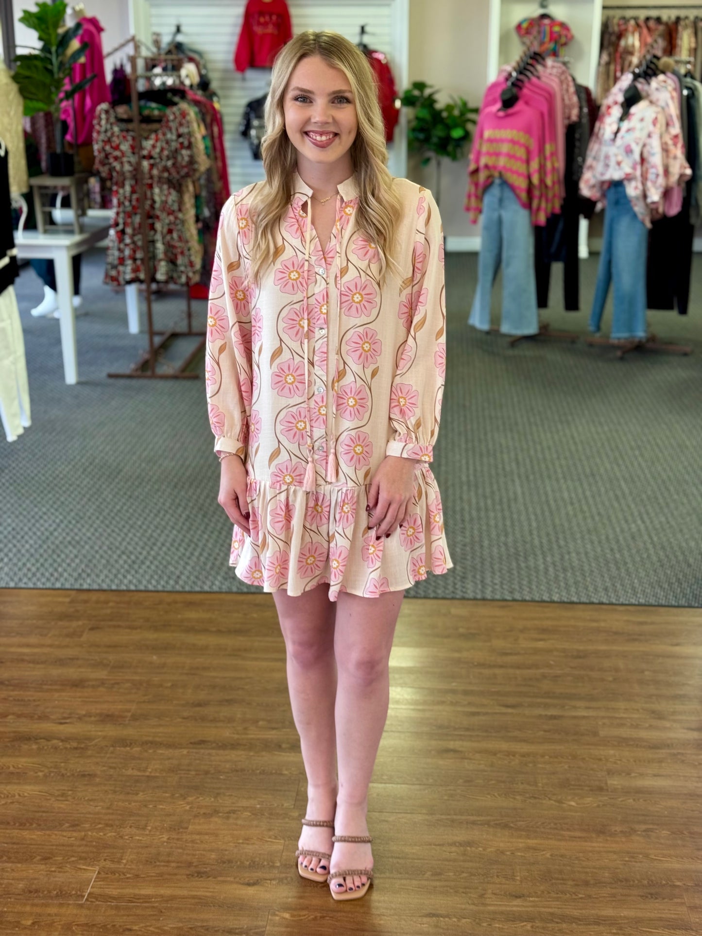 Blush Floral Tassel Peplum Dress