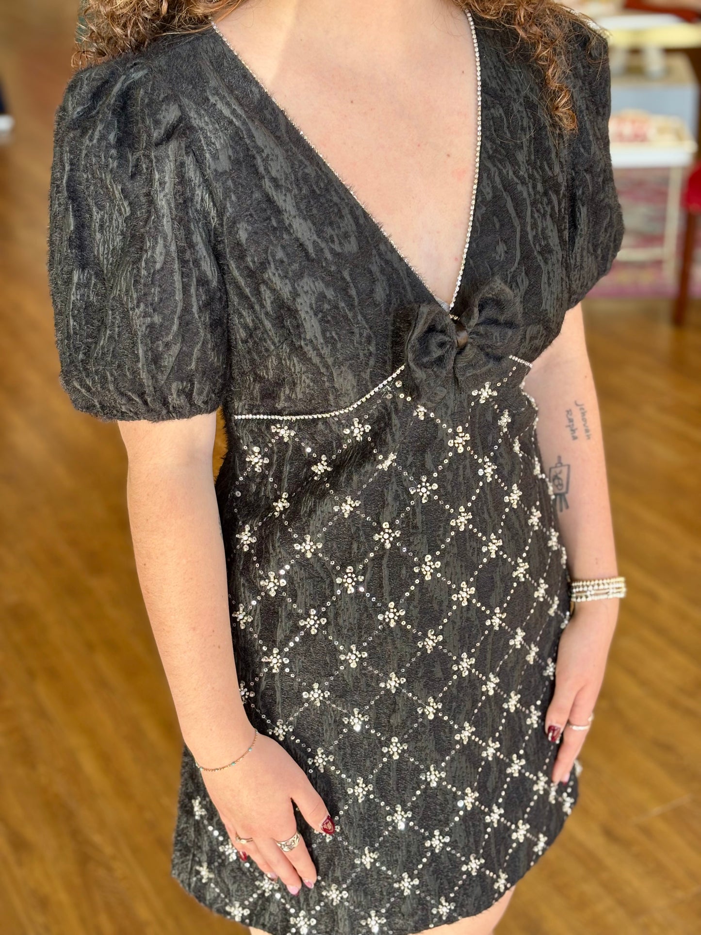 Black Puff Sleeve Mini Dress | Pearl Trim Detail Large Black Puff Sleeve Mini Dress | Pearl Trim Detail Large