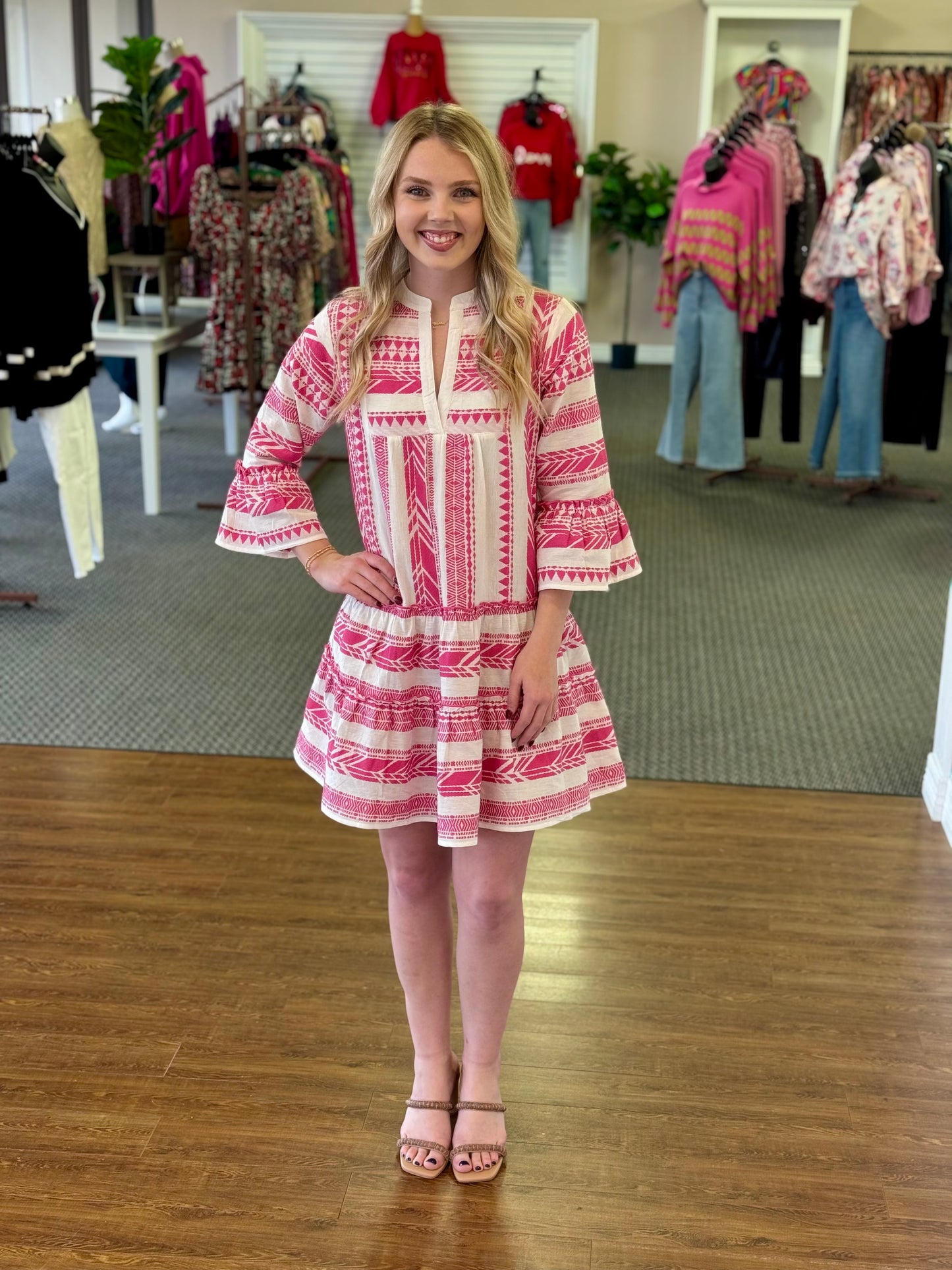Pink Embroidered Boho Tiered Dress