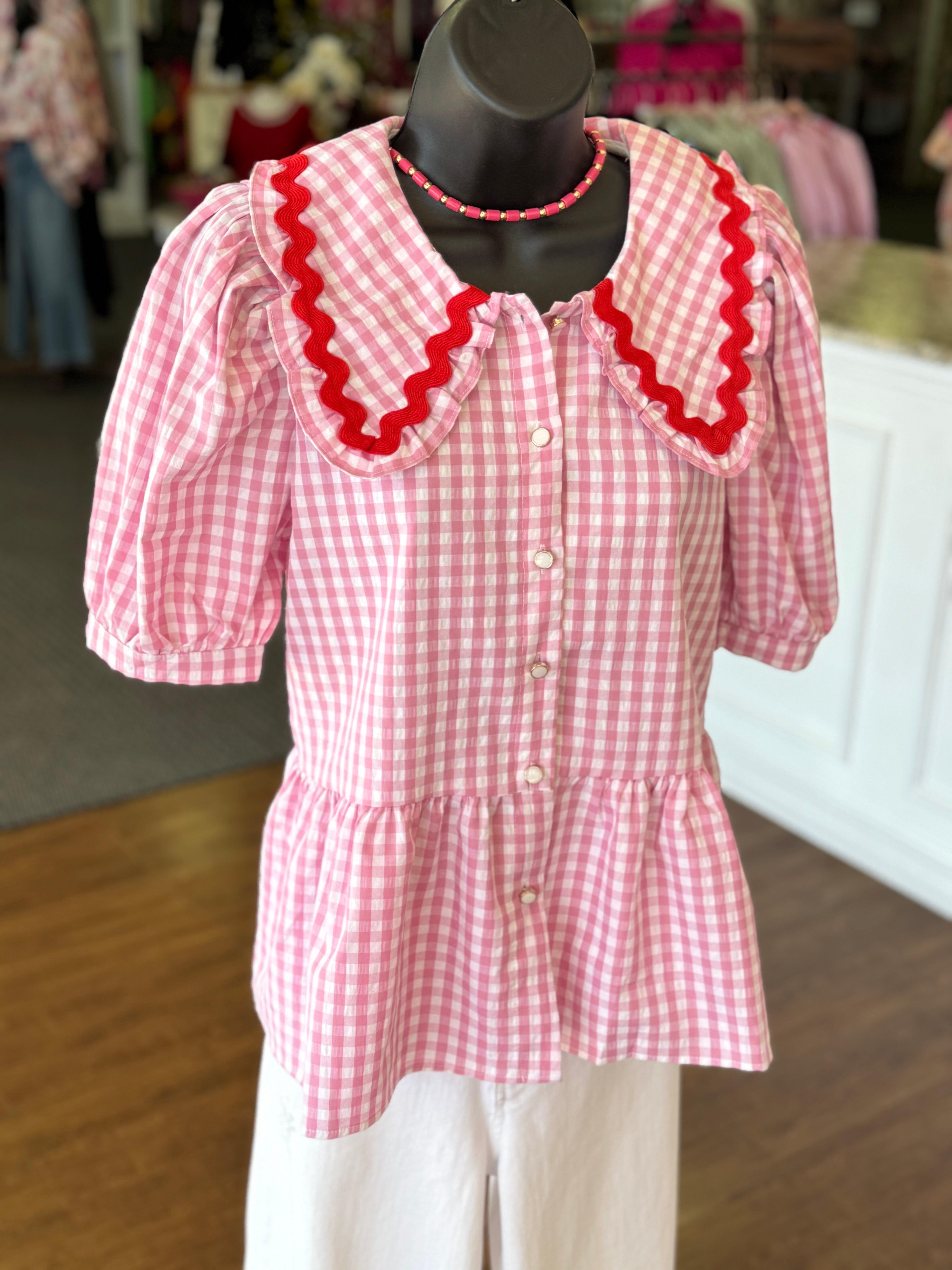 Pink Gingham Babydoll Top with Scalloped Collar | Puff Sleeve