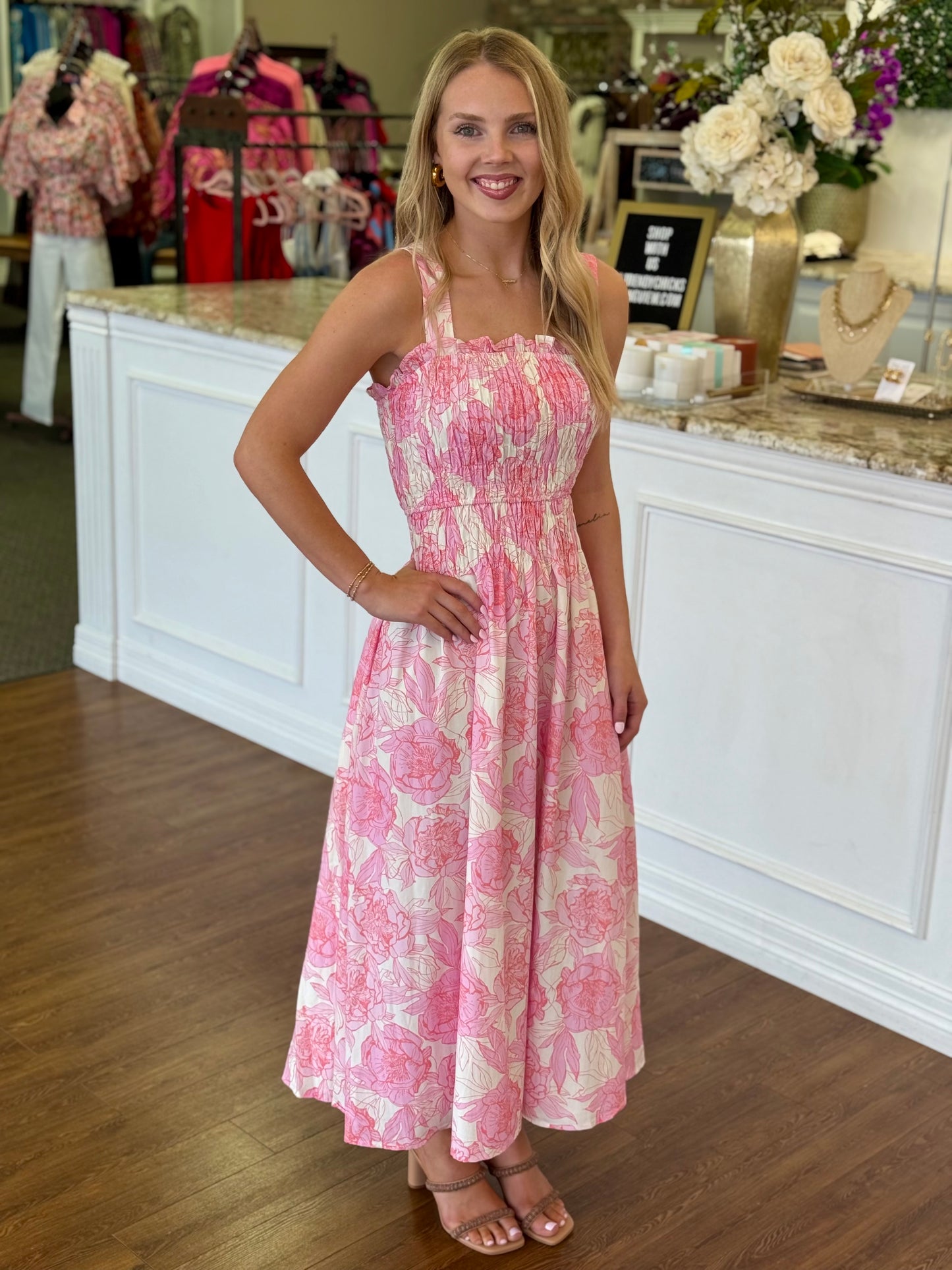 Blushing Garden Smocked Midi Dress