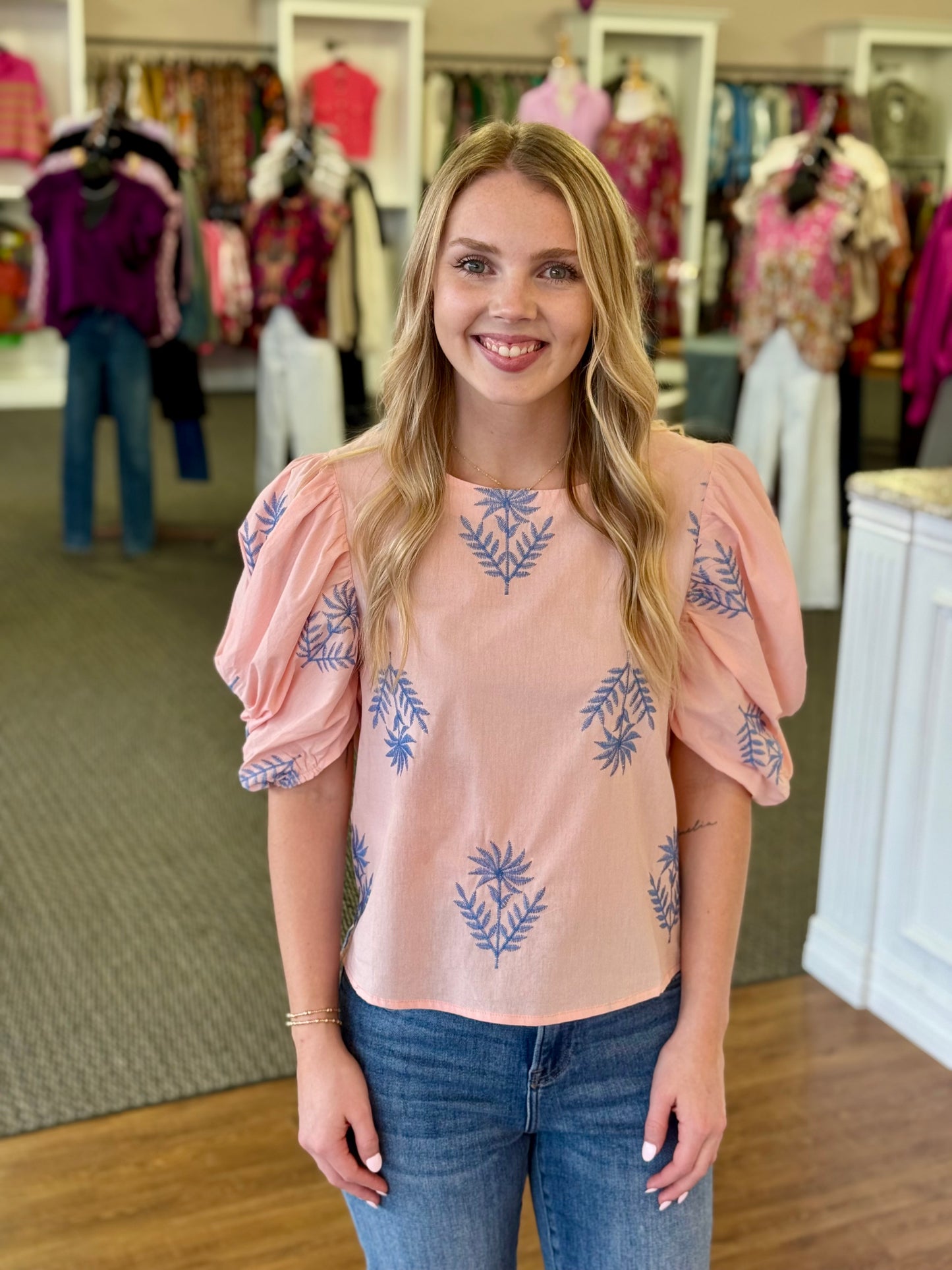 Azure Leaf Puff Sleeve Top