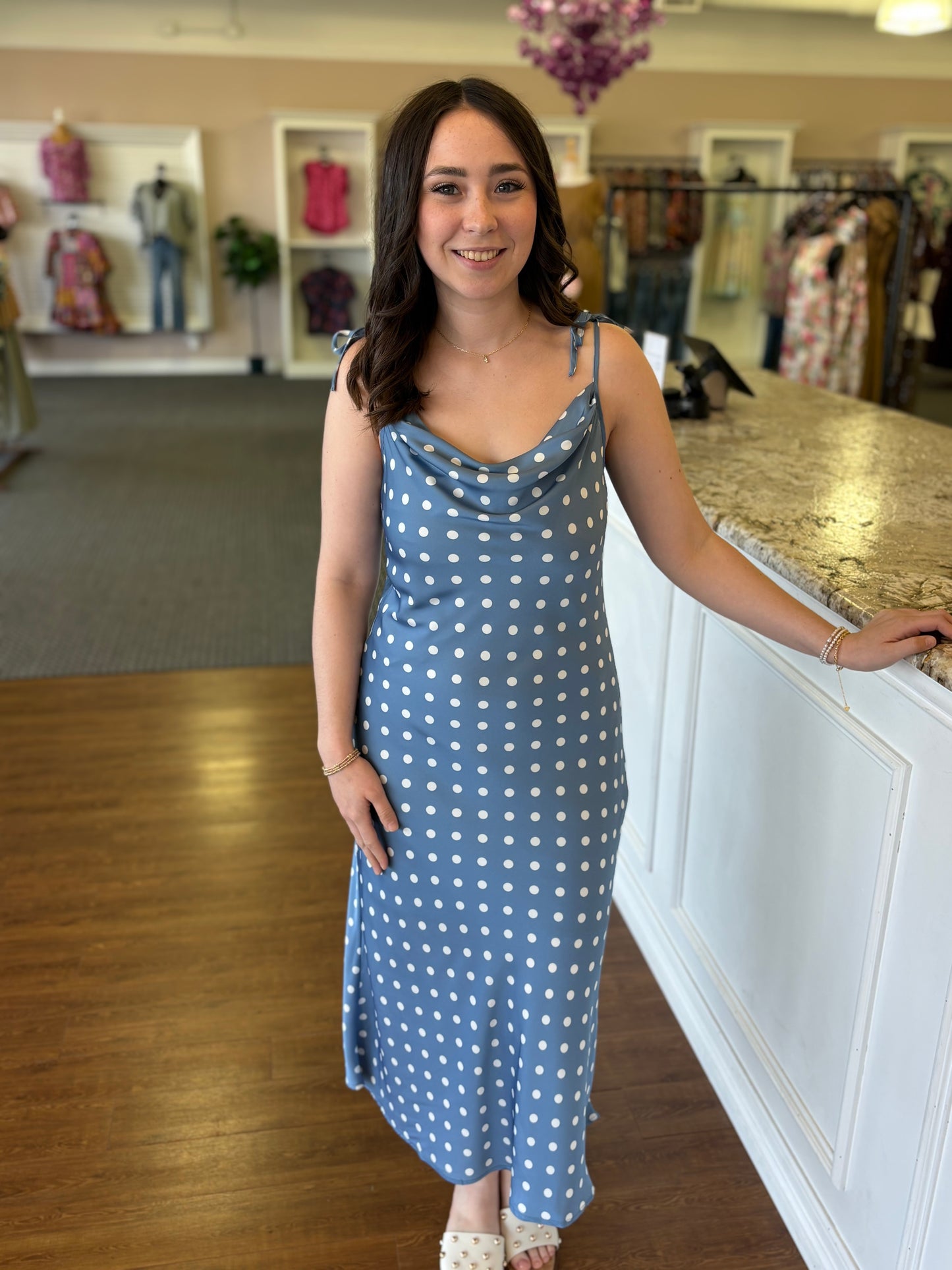 Maren Polka Dot Midi Dress | Blue Polka Dot Cowl Neck Dress