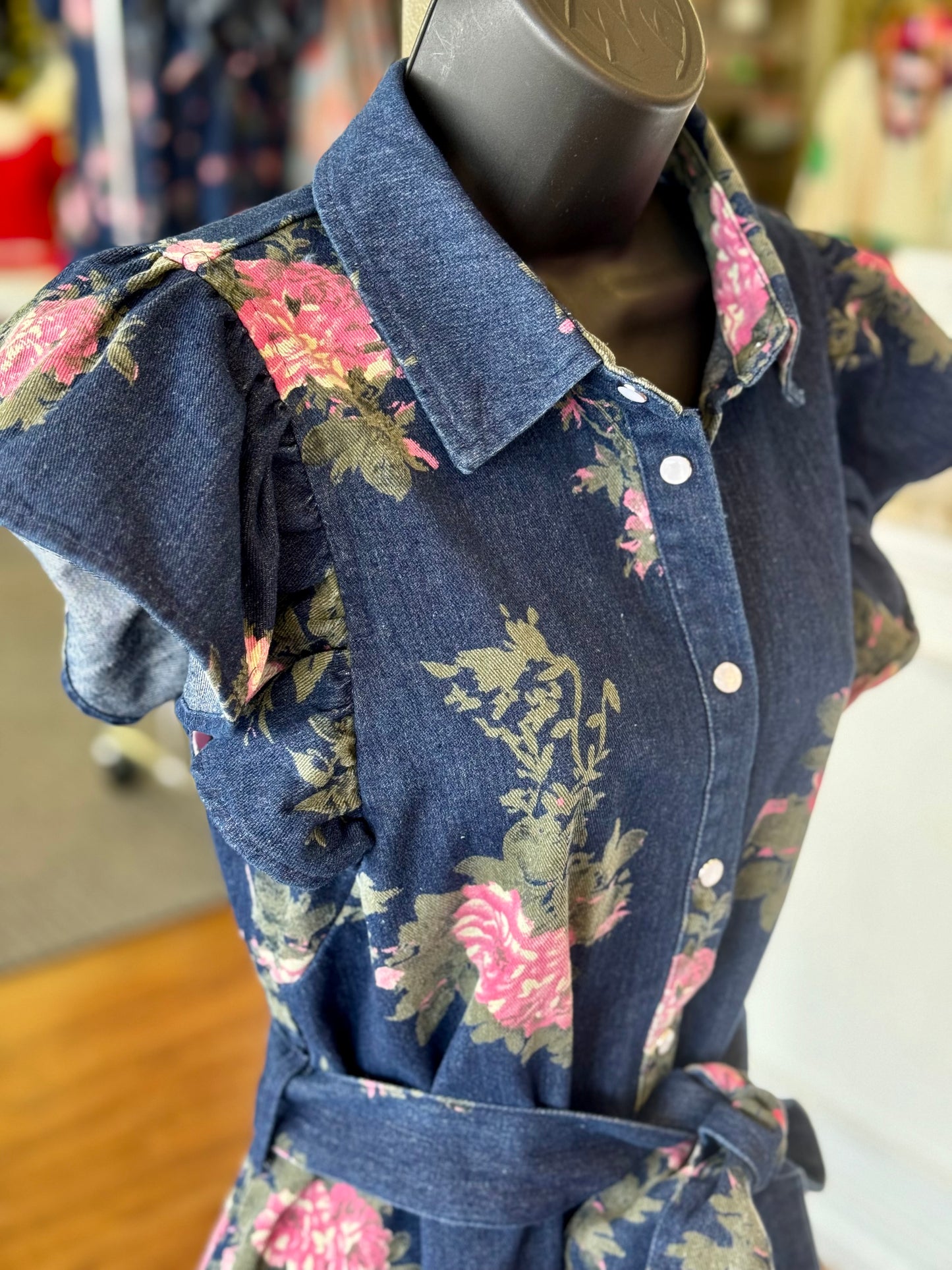 Floral Denim Button-Front Dress | Belted Ruffle Sleeve Women's Dress Trendy Chicks | TREND Floral Denim Button-Front Dress | Belted Ruffle Sleeve Women's Dress Trendy Chicks | TREND