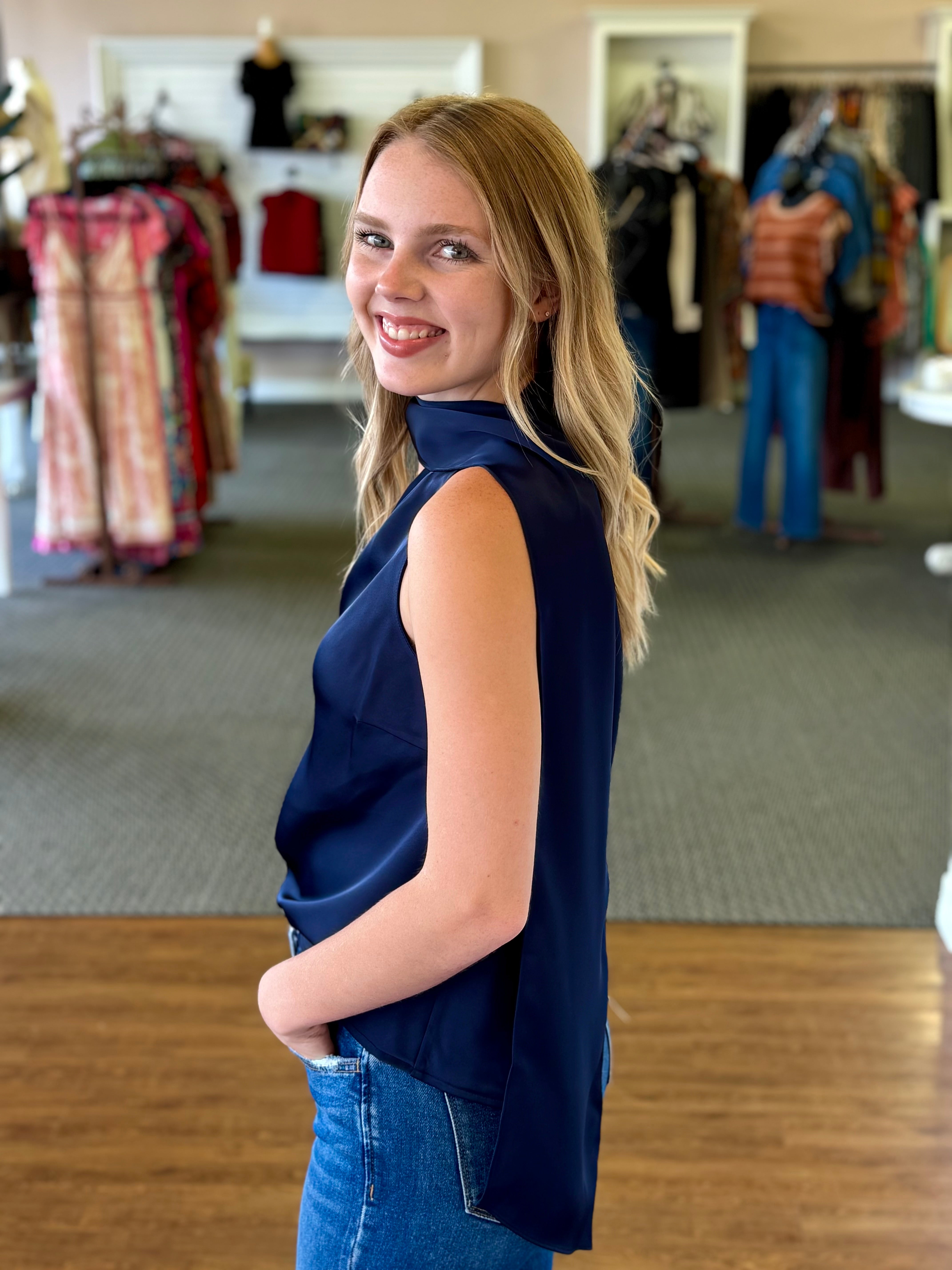 Navy One-Shoulder Satin Top | Scarf Neck Blouse – Trendy Chicks