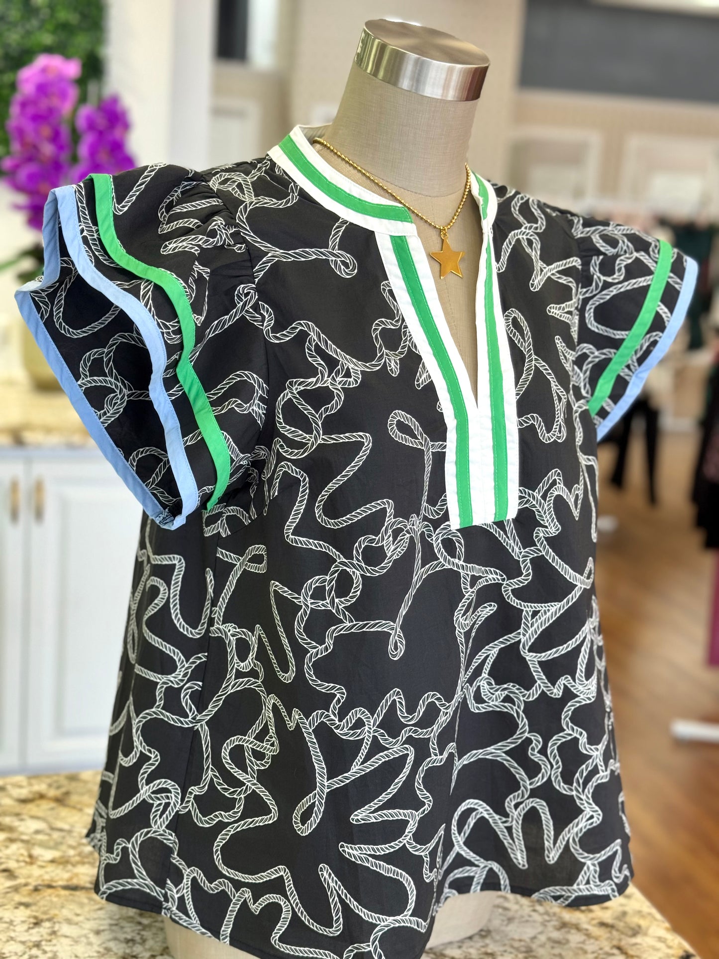 Nautical Knot Trim V-Neck Blouse