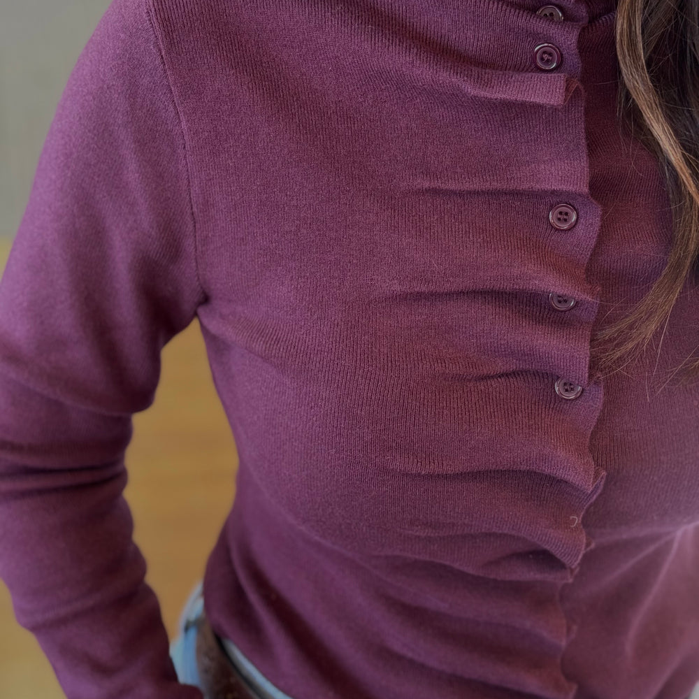 Wine Ruffle Button Front Top