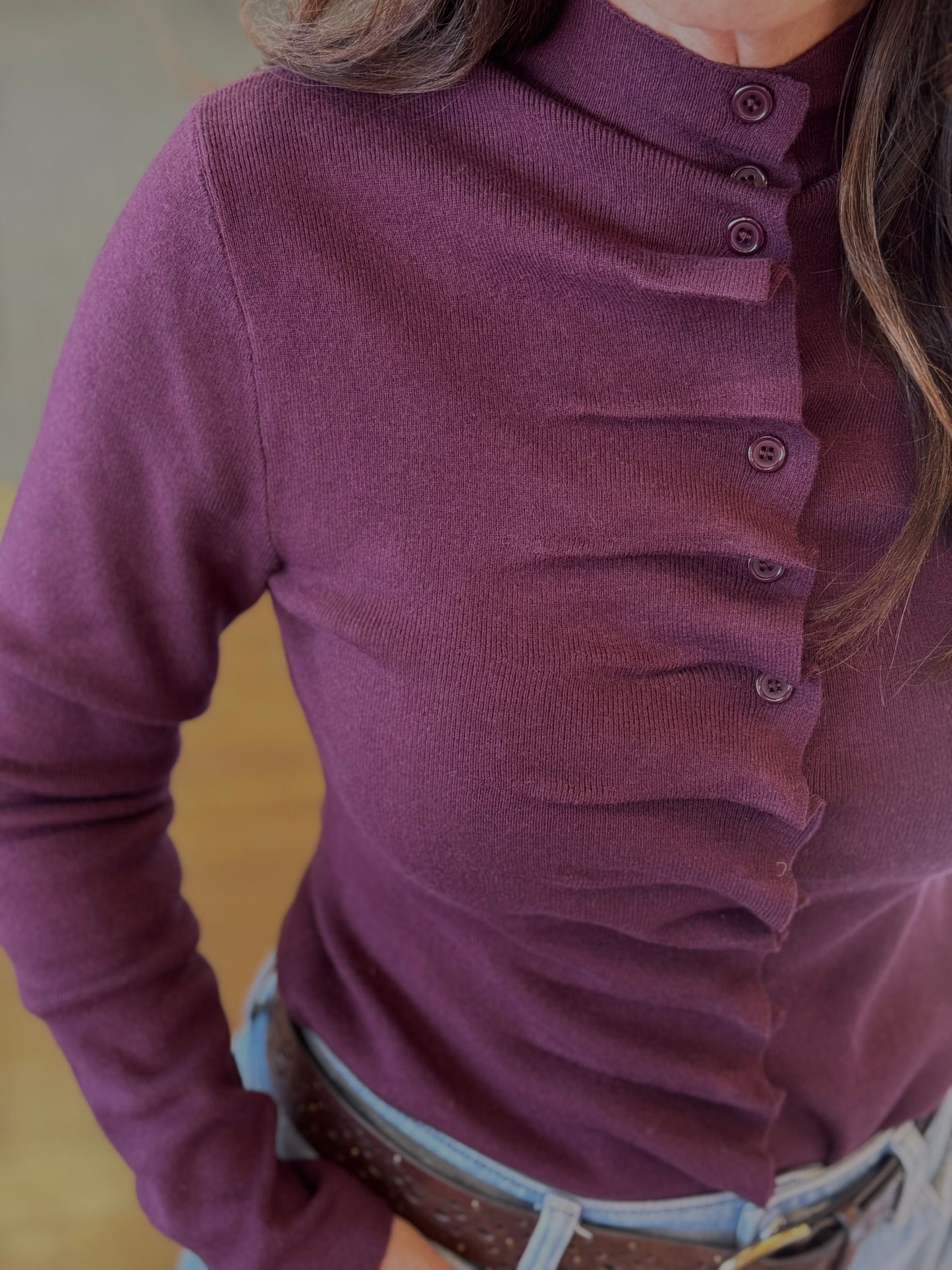 Wine Ruffle Button Front Top