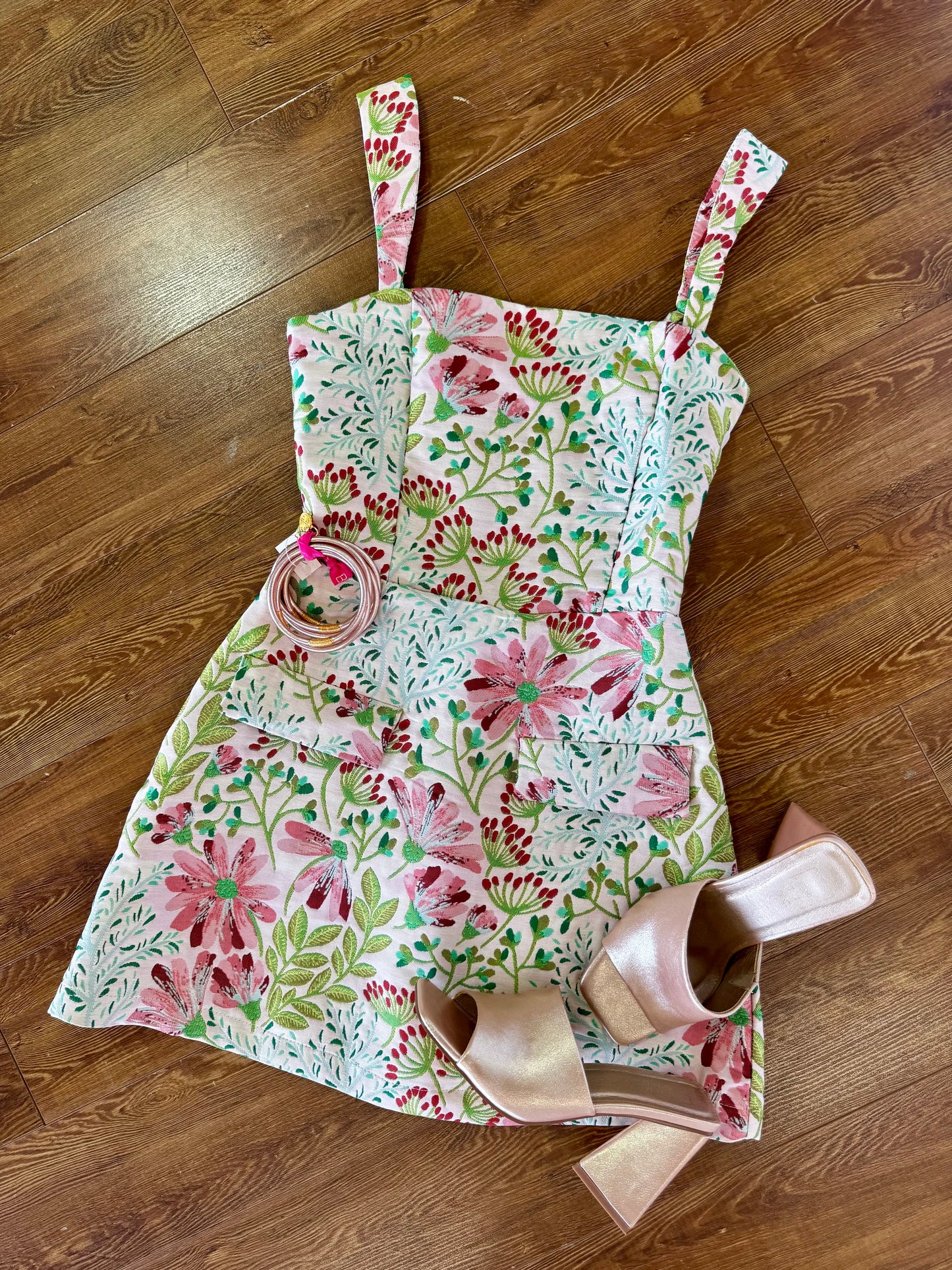 Garden Gala Floral Jacquard Romper Dress | Pink & Green Dressy Romper Trendy Chicks | TREND Garden Gala Floral Jacquard Romper Dress | Pink & Green Dressy Romper Trendy Chicks | TREND