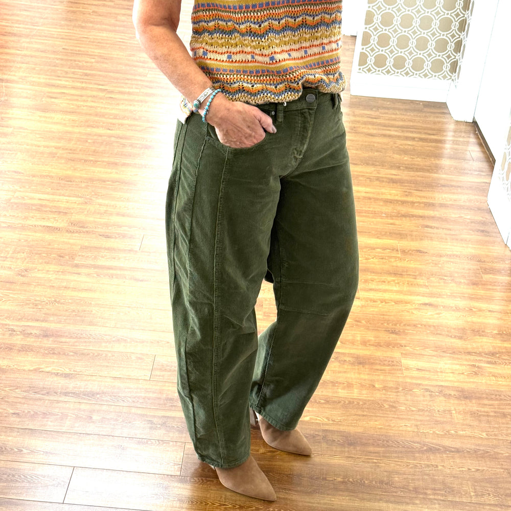Olive Corduroy Barrel Pants