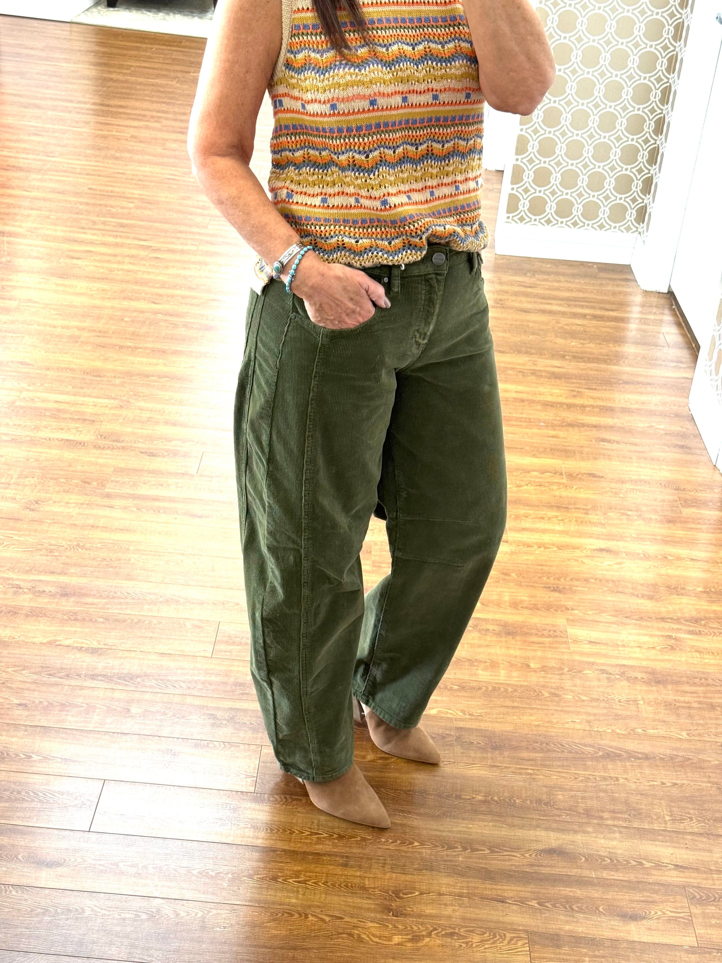 Olive Corduroy Barrel Pants
