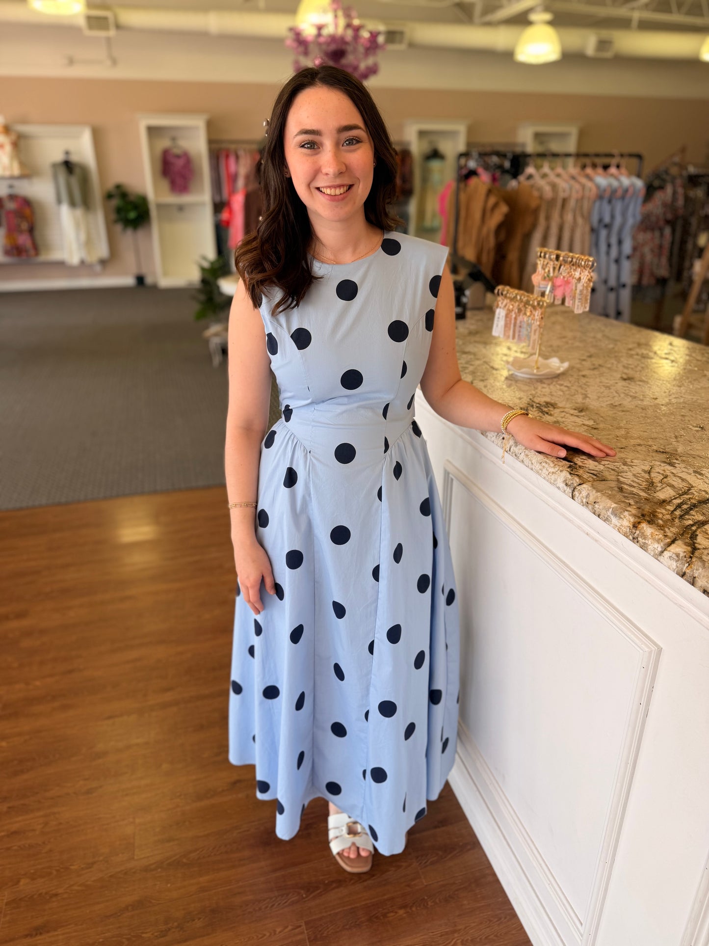 Estelle Polka Dot Midi Dress | Powder Blue & Navy Polka Dot Dress