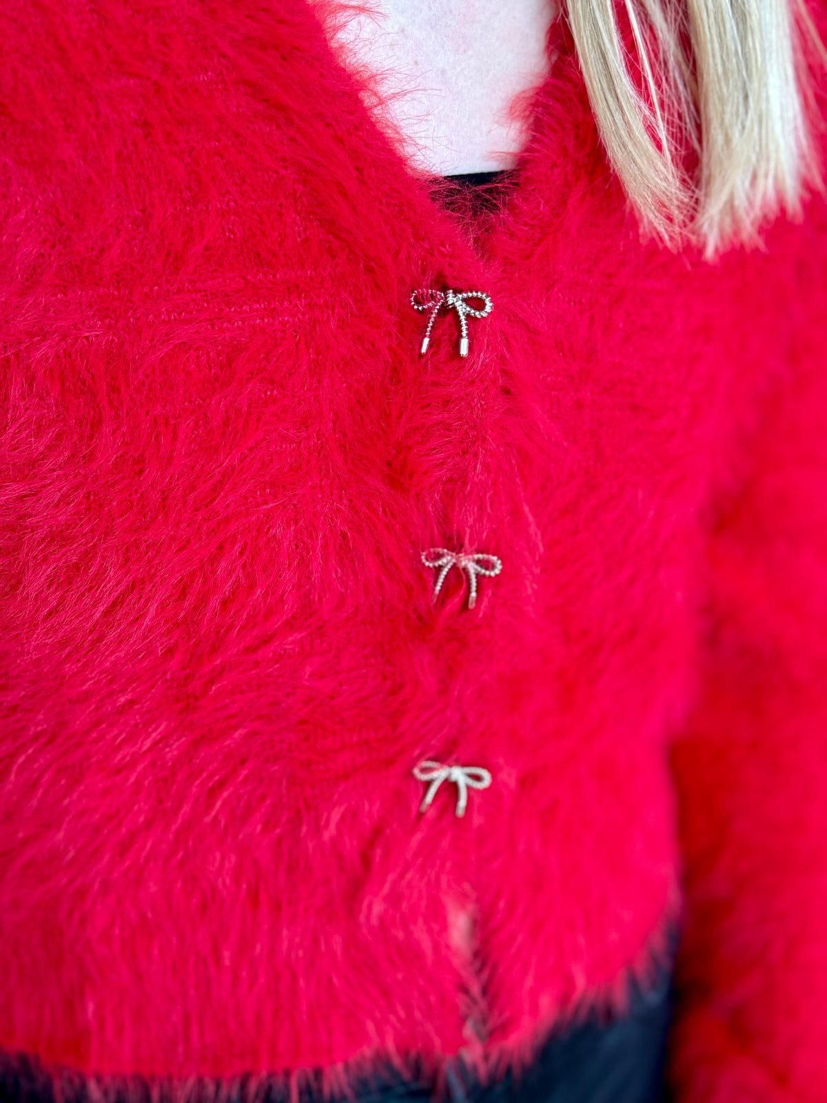 Heidi Red Fuzzy Bow Cardigan