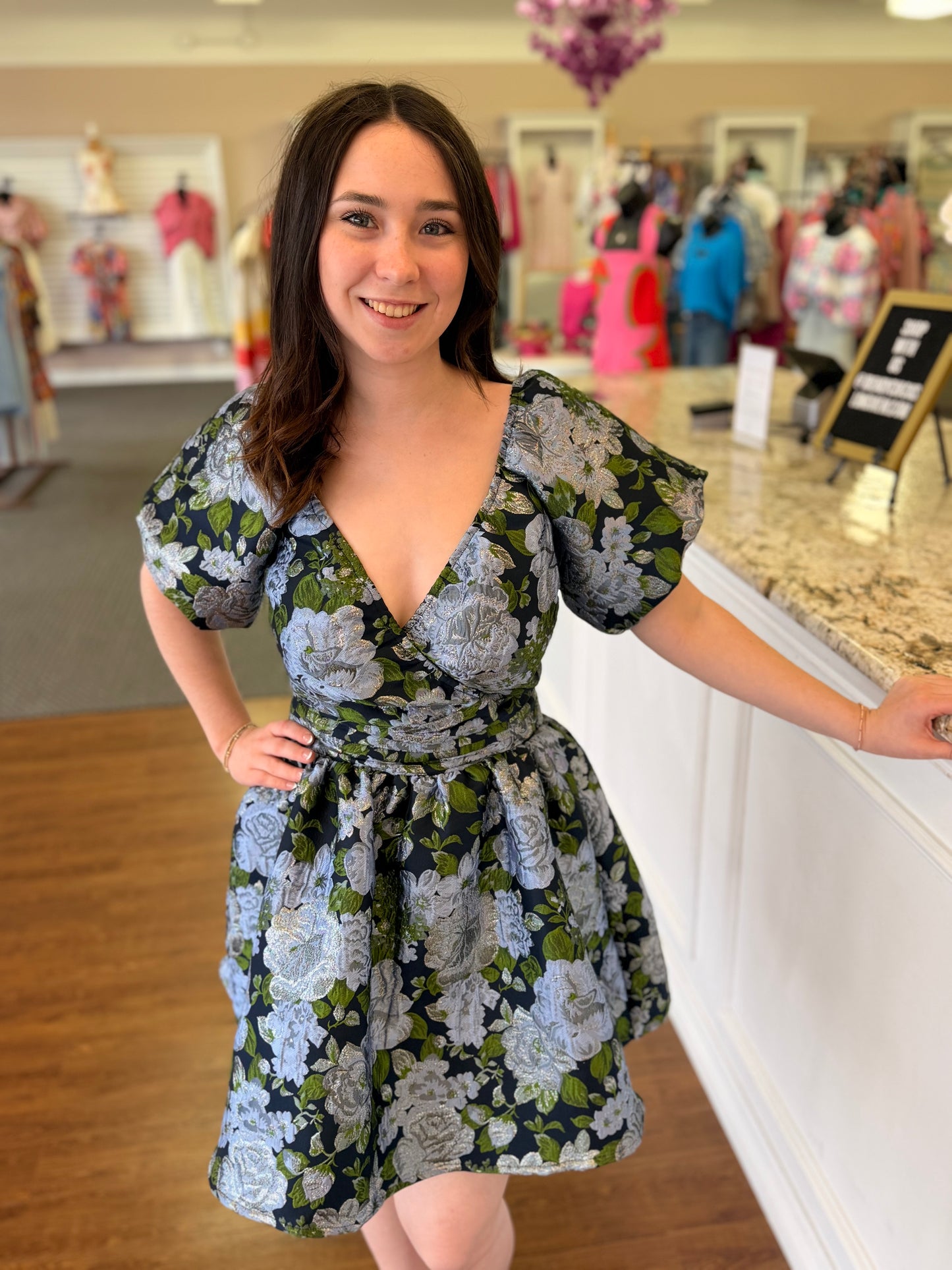 puff sleeve jacquard mini dress Short Puff Sleeve Floral Jacquard Mini Dress - SMALL / Black