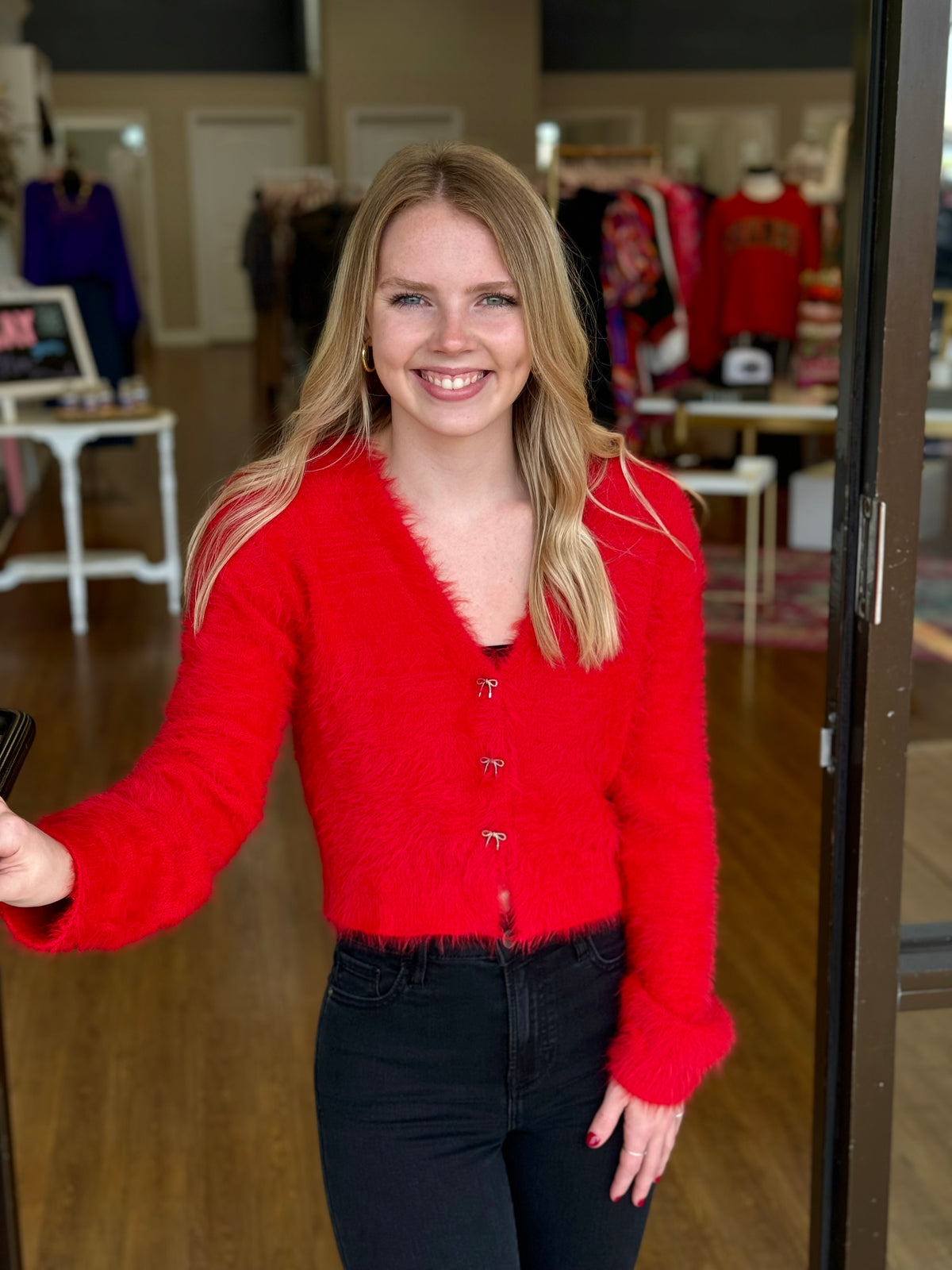 Heidi Red Fuzzy Bow Cardigan