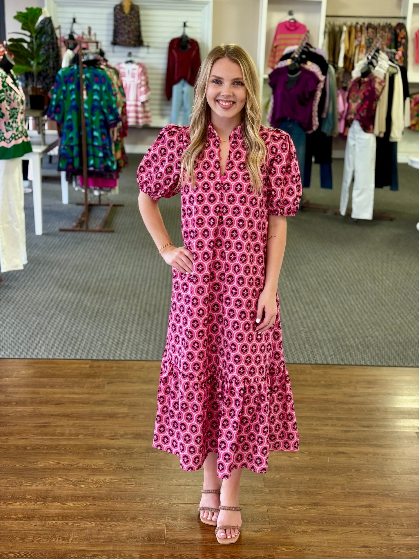Pink Mosaic Tiered Midi Dress