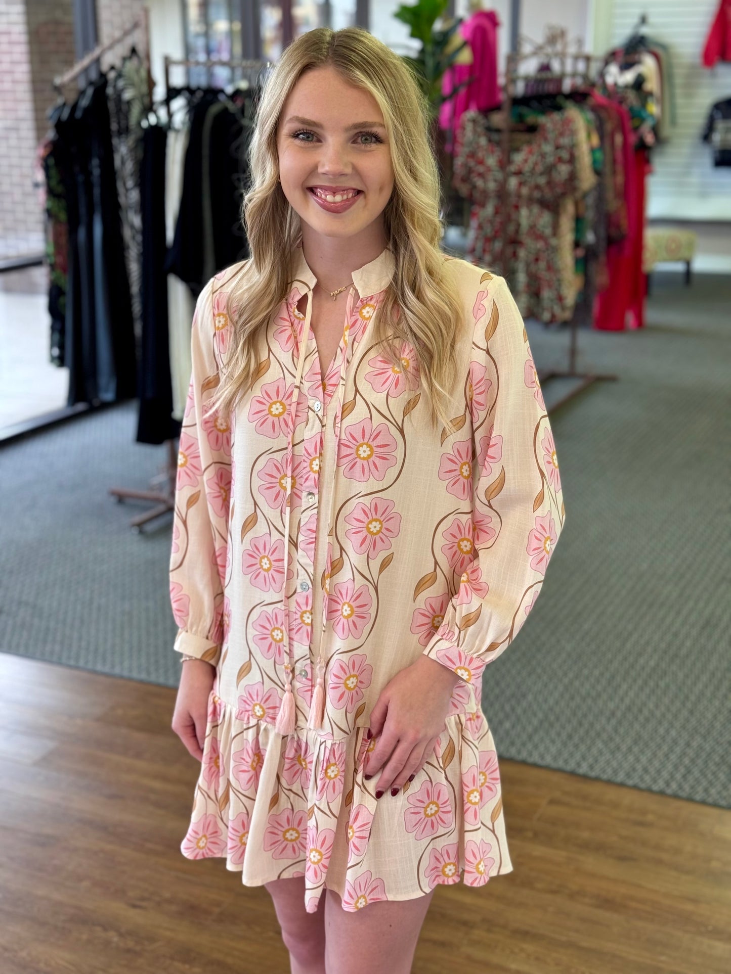 Blush Floral Tassel Peplum Dress