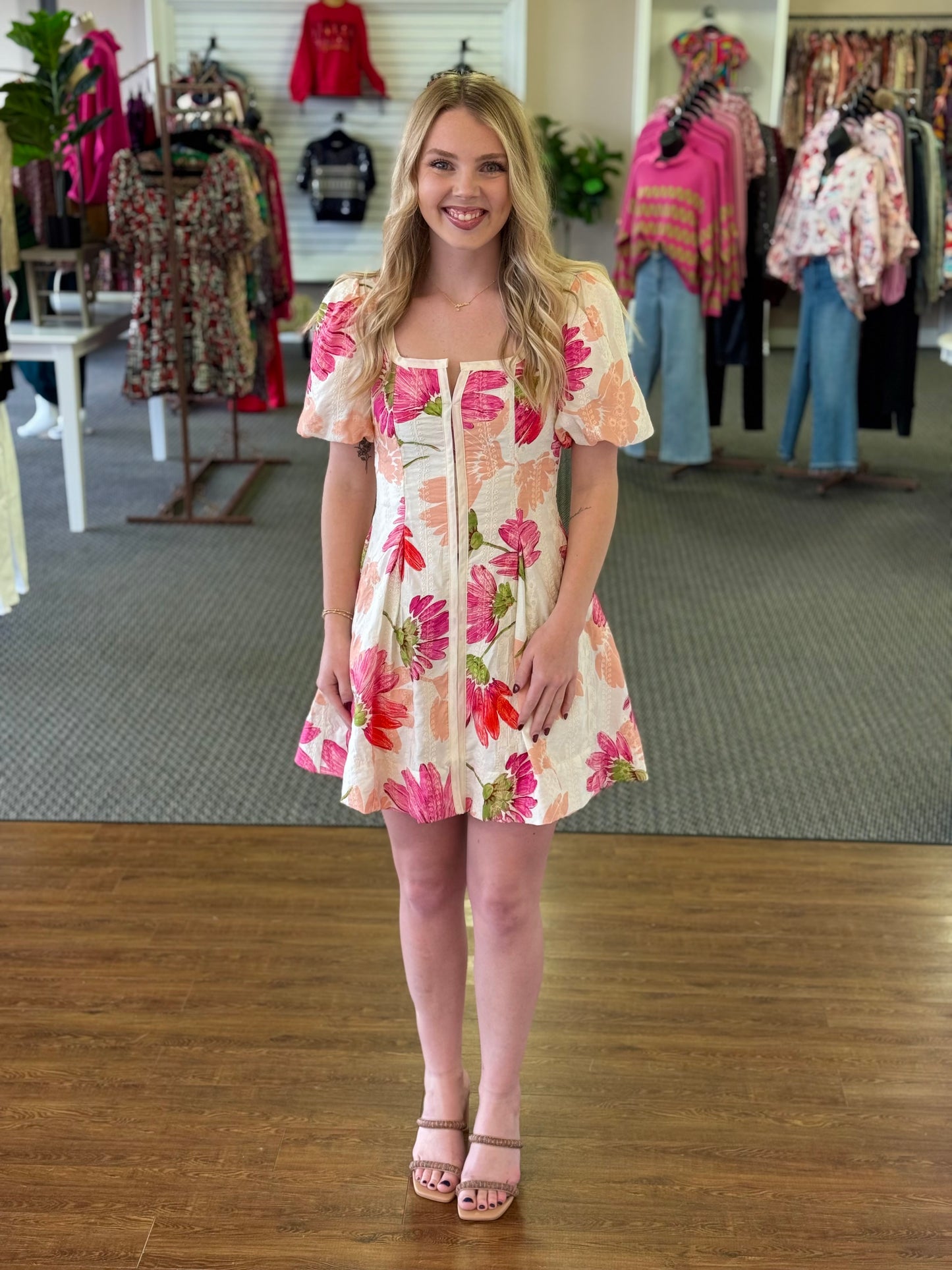 Ivory Garden Puff Sleeve Mini Dress