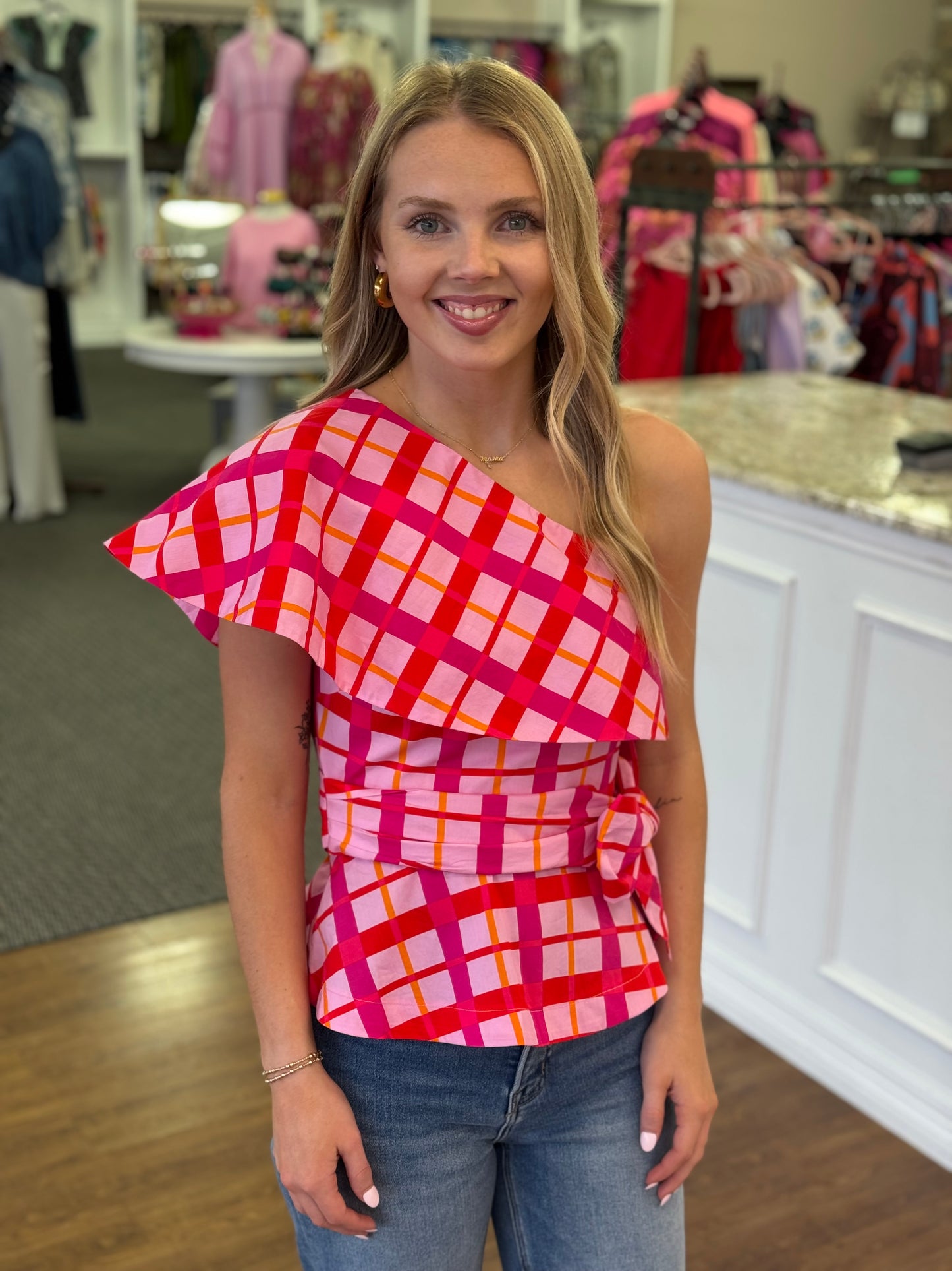 Darvy Checker One Shoulder Top