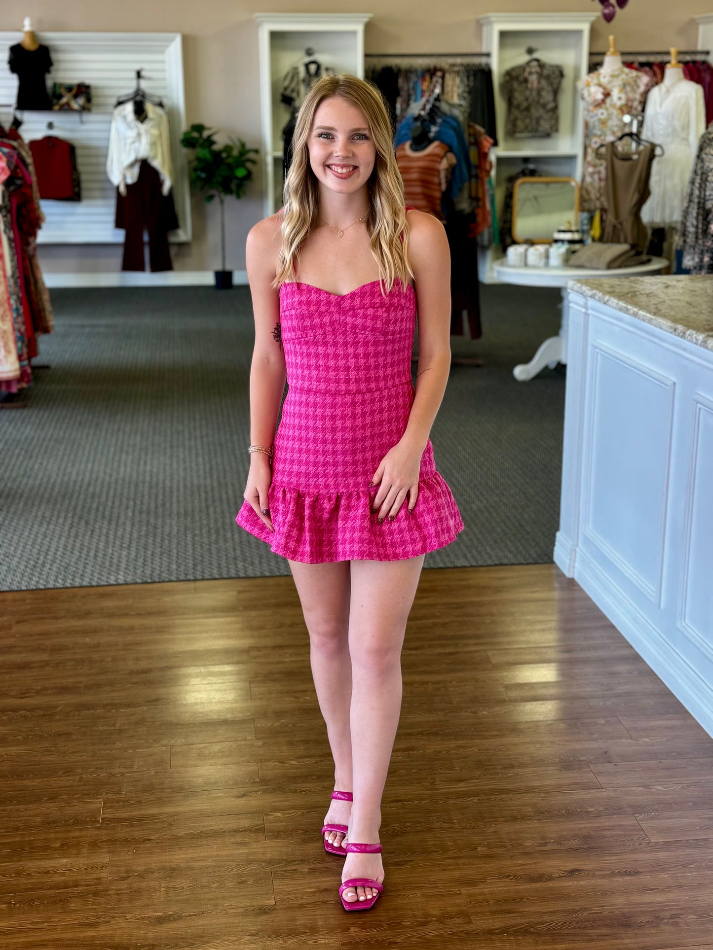 Hot Pink Houndstooth Mini Dress | Ruffle Hem Style Large Hot Pink Houndstooth Mini Dress | Ruffle Hem Style Large
